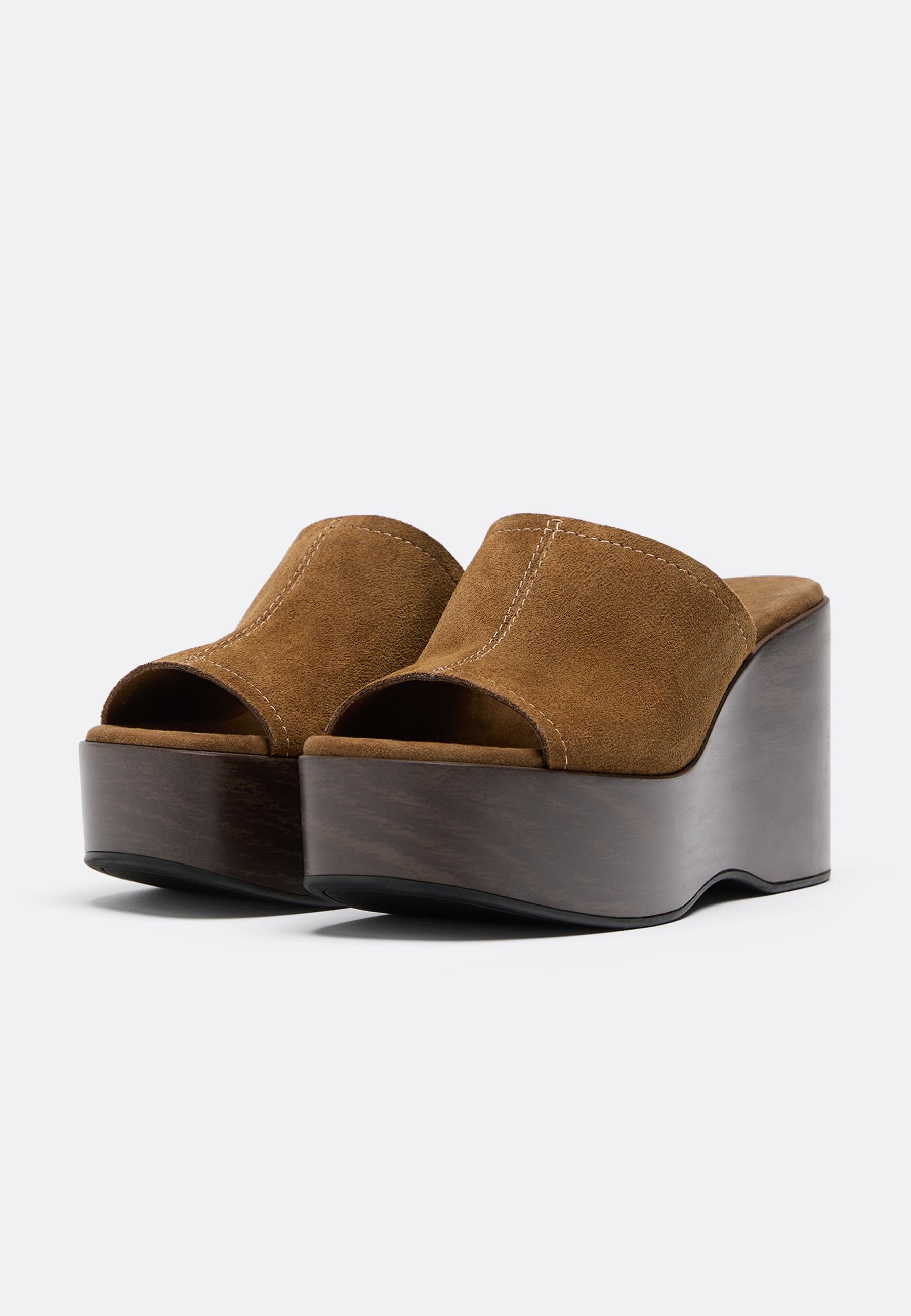 Open leather platform wedges — BROWN