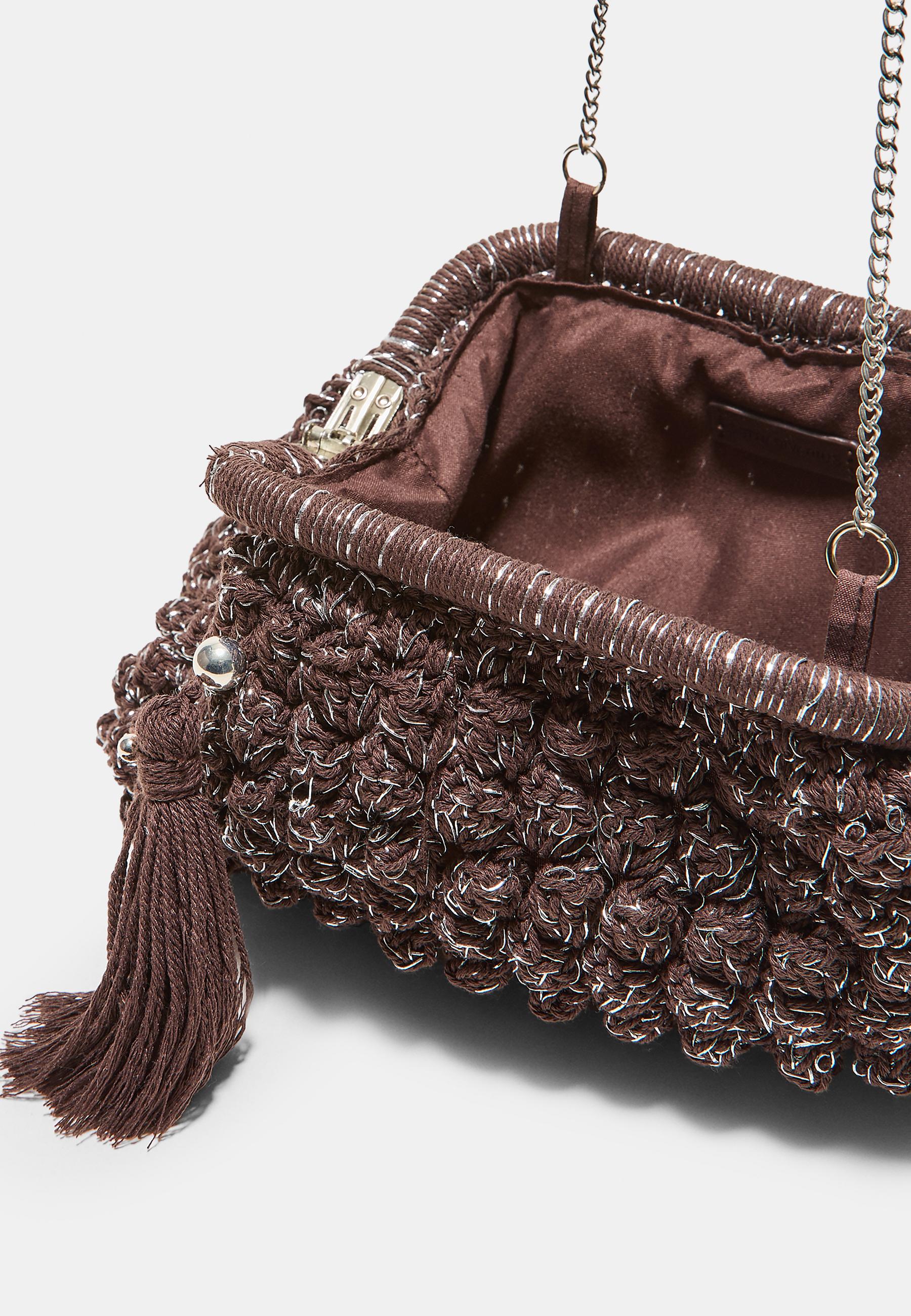 Metallic thread crochet bucket bag — Brown