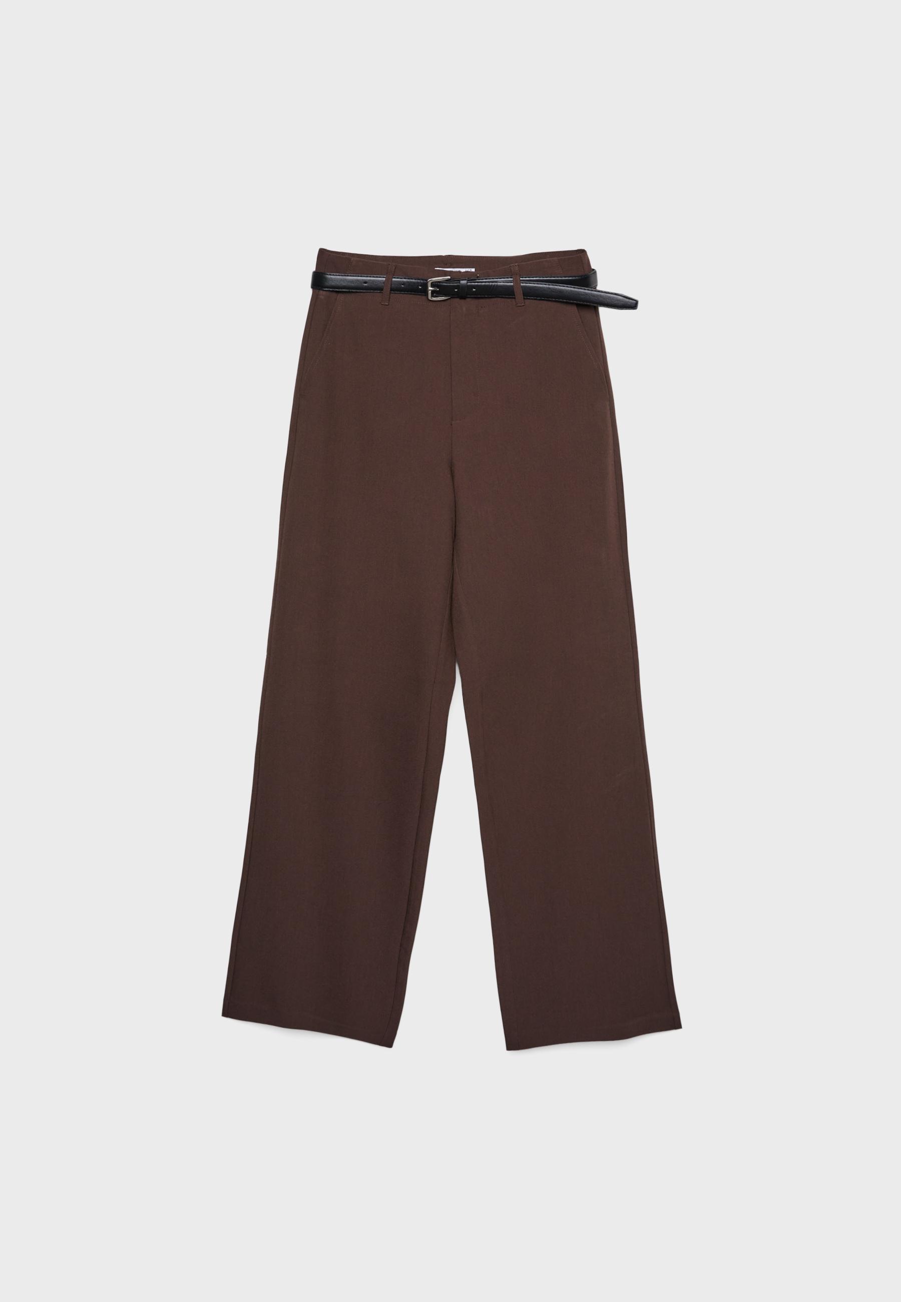 Düz kesim dökümlü kemerli pantolon - Görsel 6
