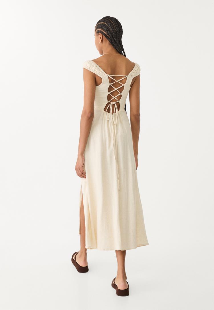 vestido fluido midi cruzado espalda con lino