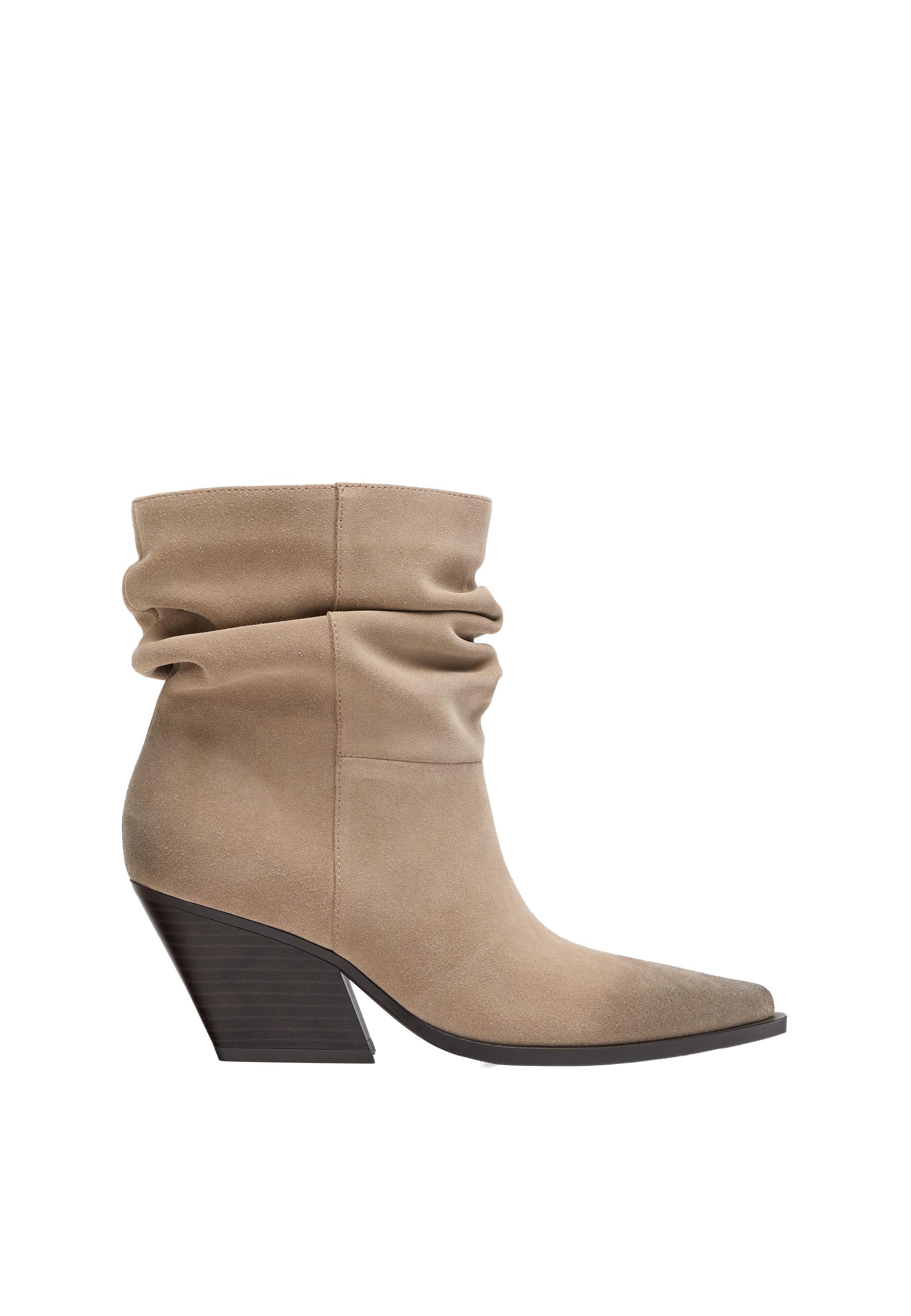 Brushed leather slouchy heeled ankle boots — BEIGE