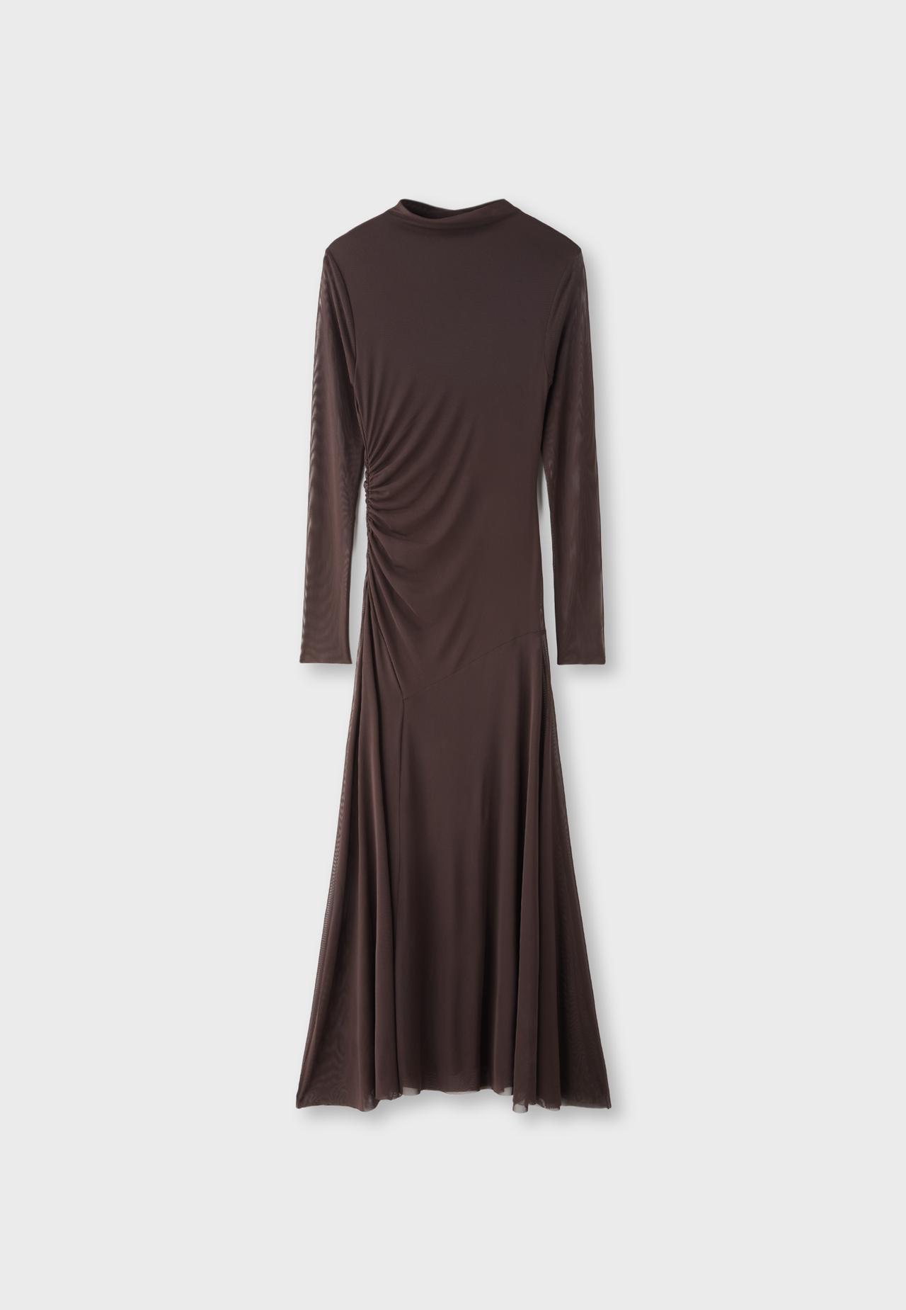 Long sleeve tulle midi dress — Brown