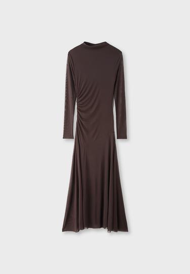 Long sleeve tulle midi dress — Brown 7