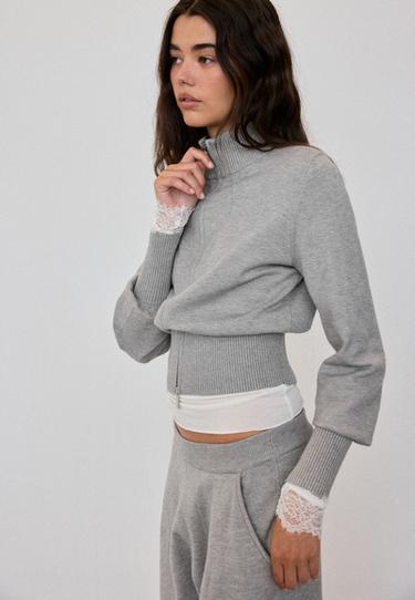 Fitted zip-up knit cardigan — Grey melange 2