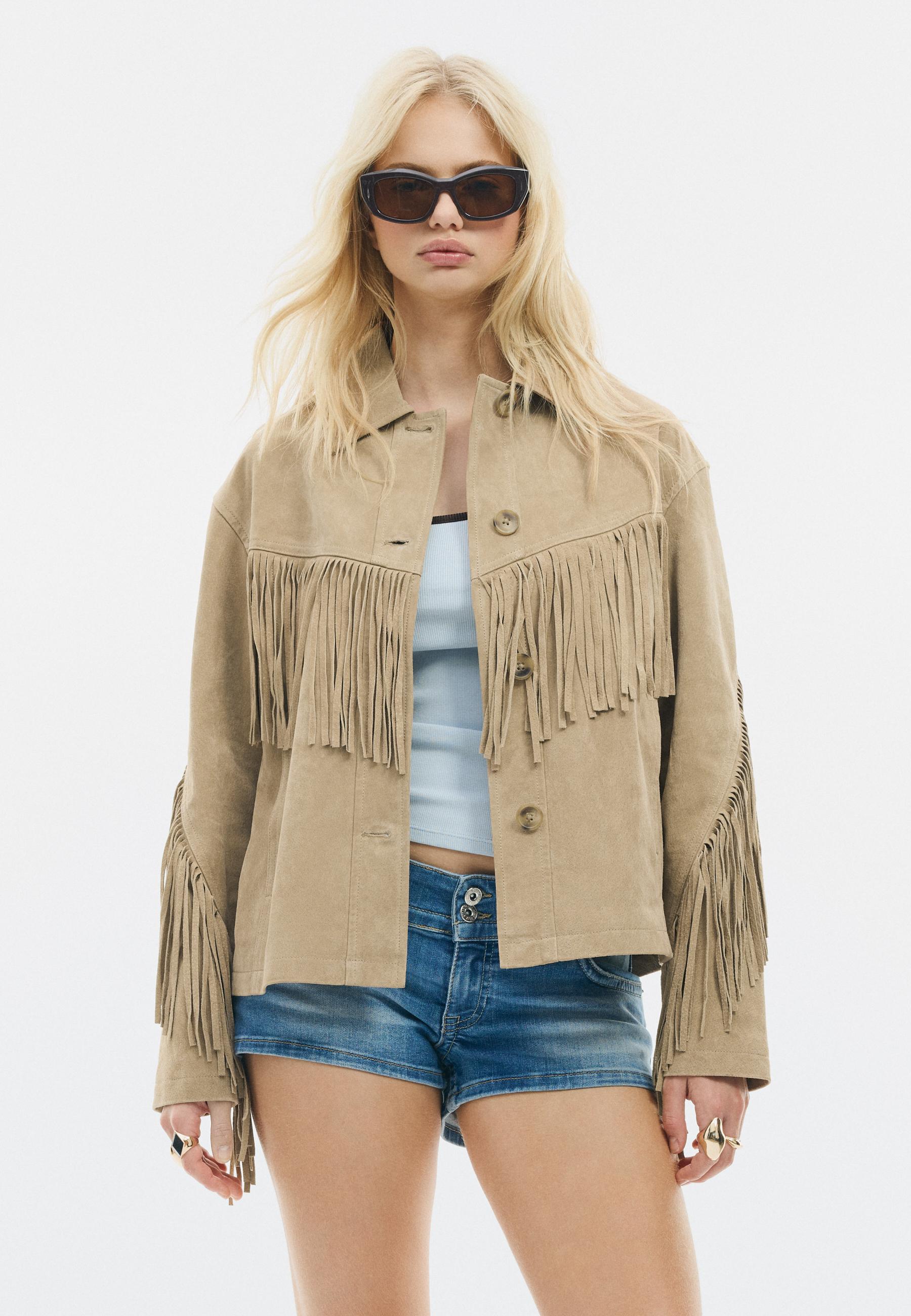 Fringed leather jacket — Stone