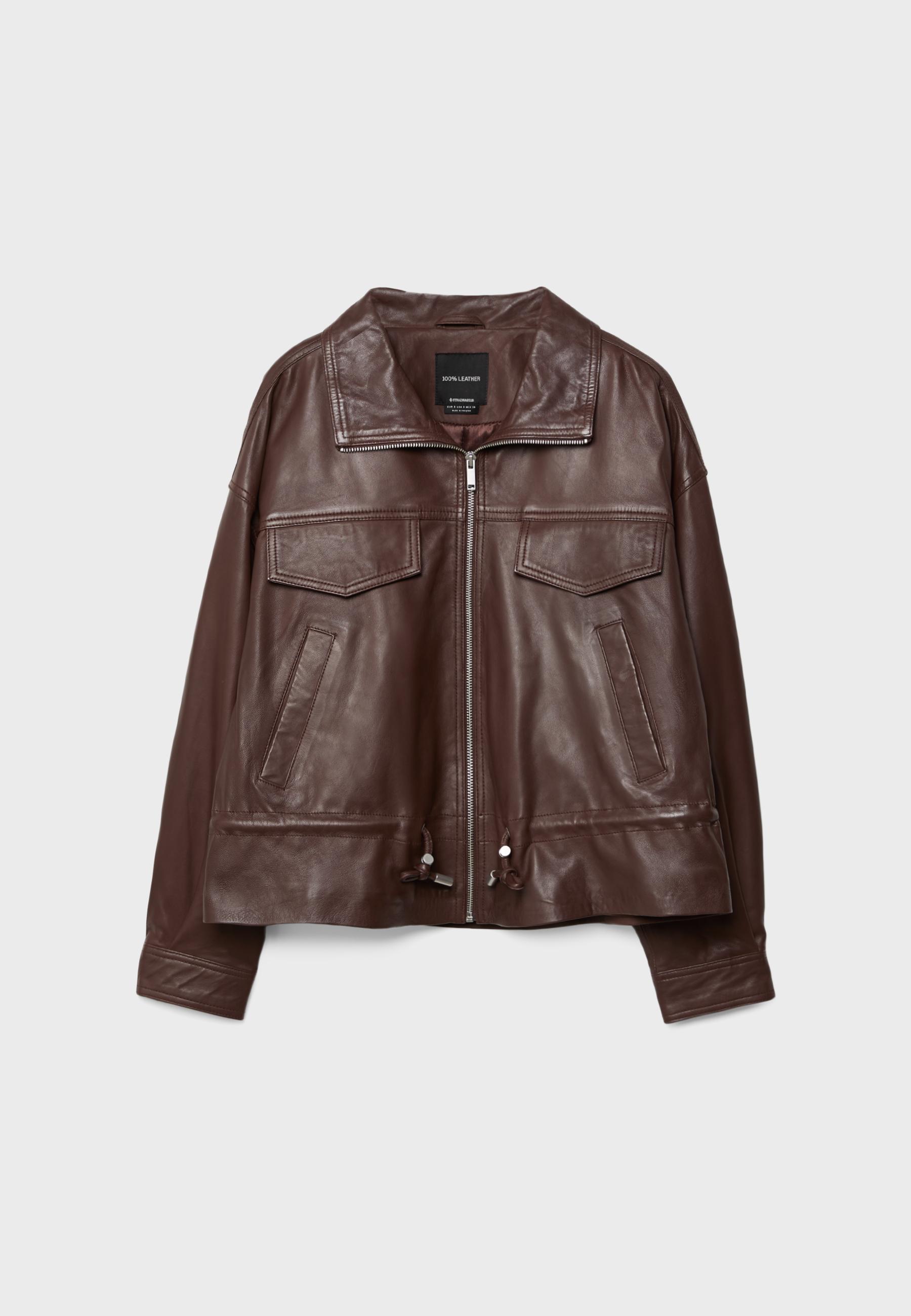 Leather jacket with pockets and adjustable waist — Brown