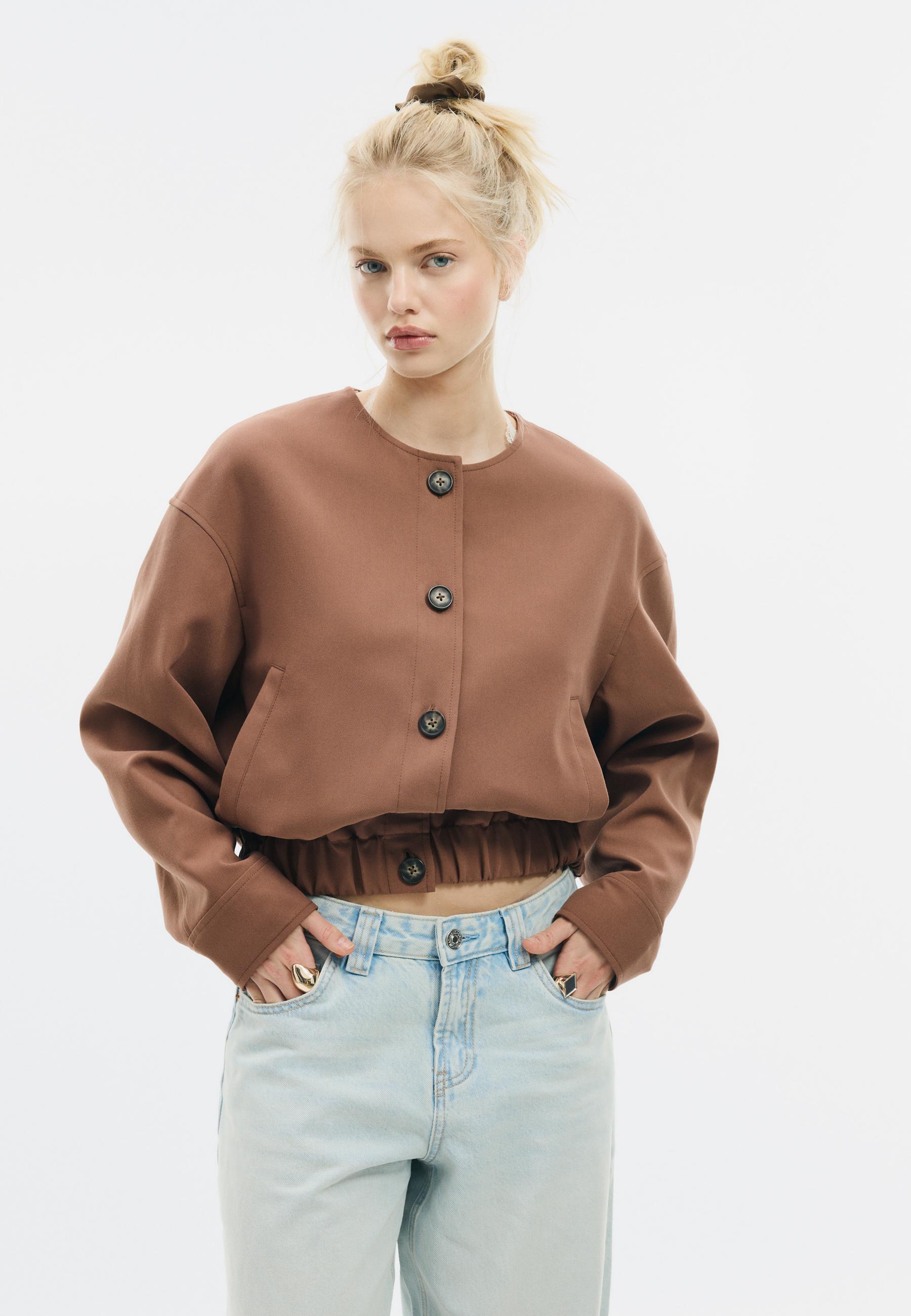 Puff sleeve round neck jacket — Brown