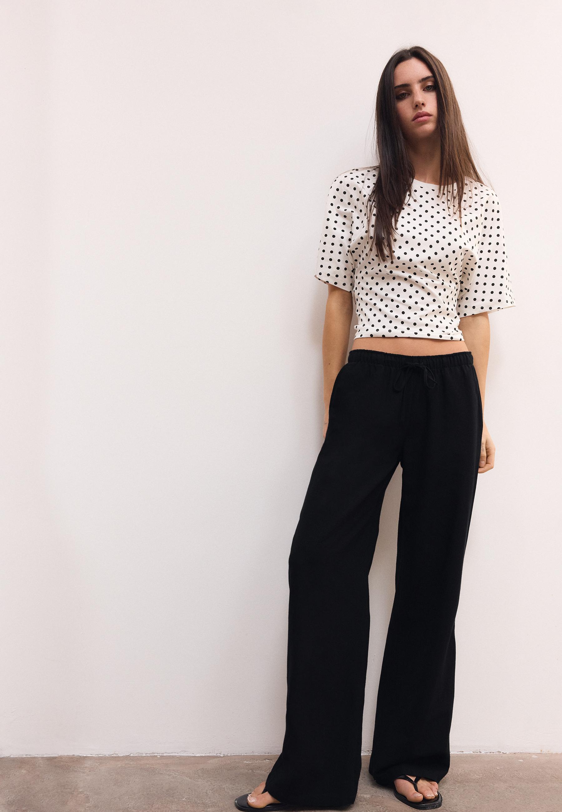 Linen-effect drawstring trousers — Black