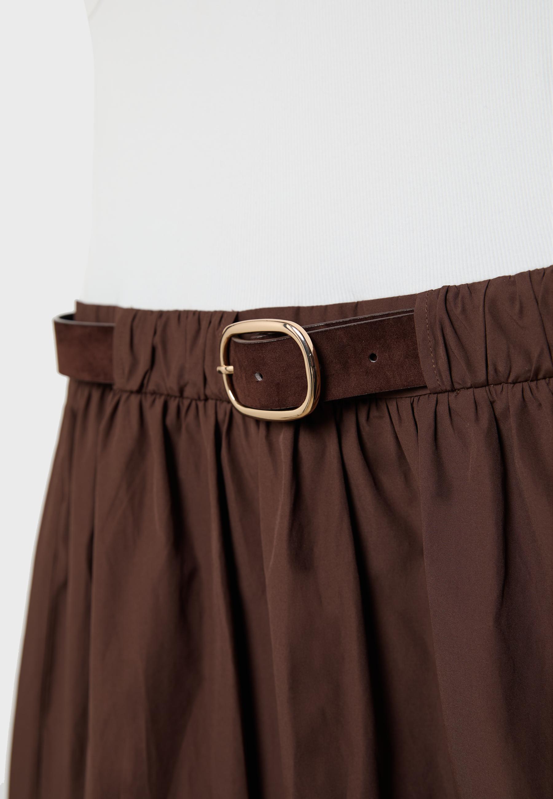 Two-material sleeveless midi dress with belt — Brown