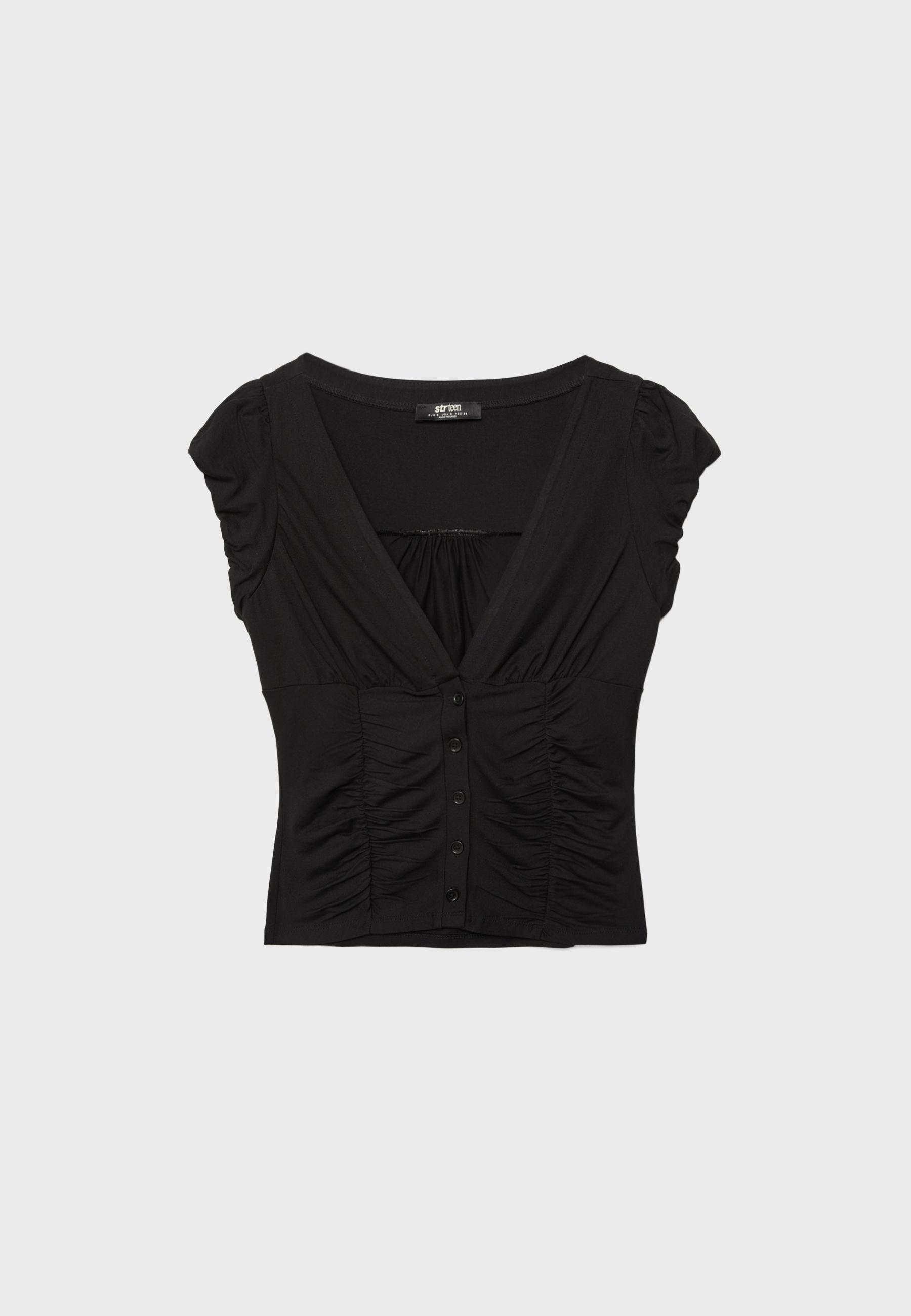 Gathered short sleeve shirt — Black