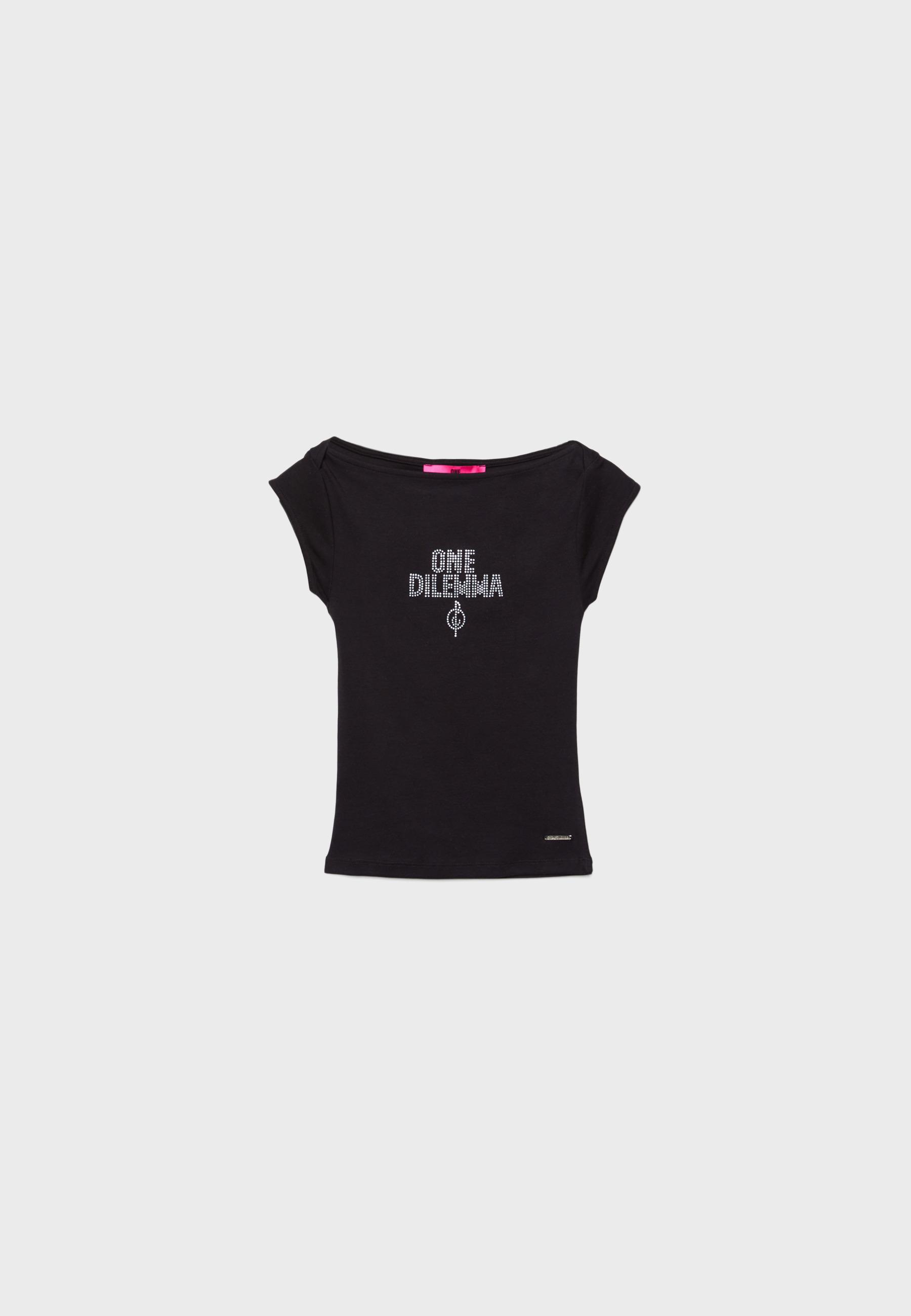 Boat neck short sleeve T-shirt with rhinestones One Dilemma — Black