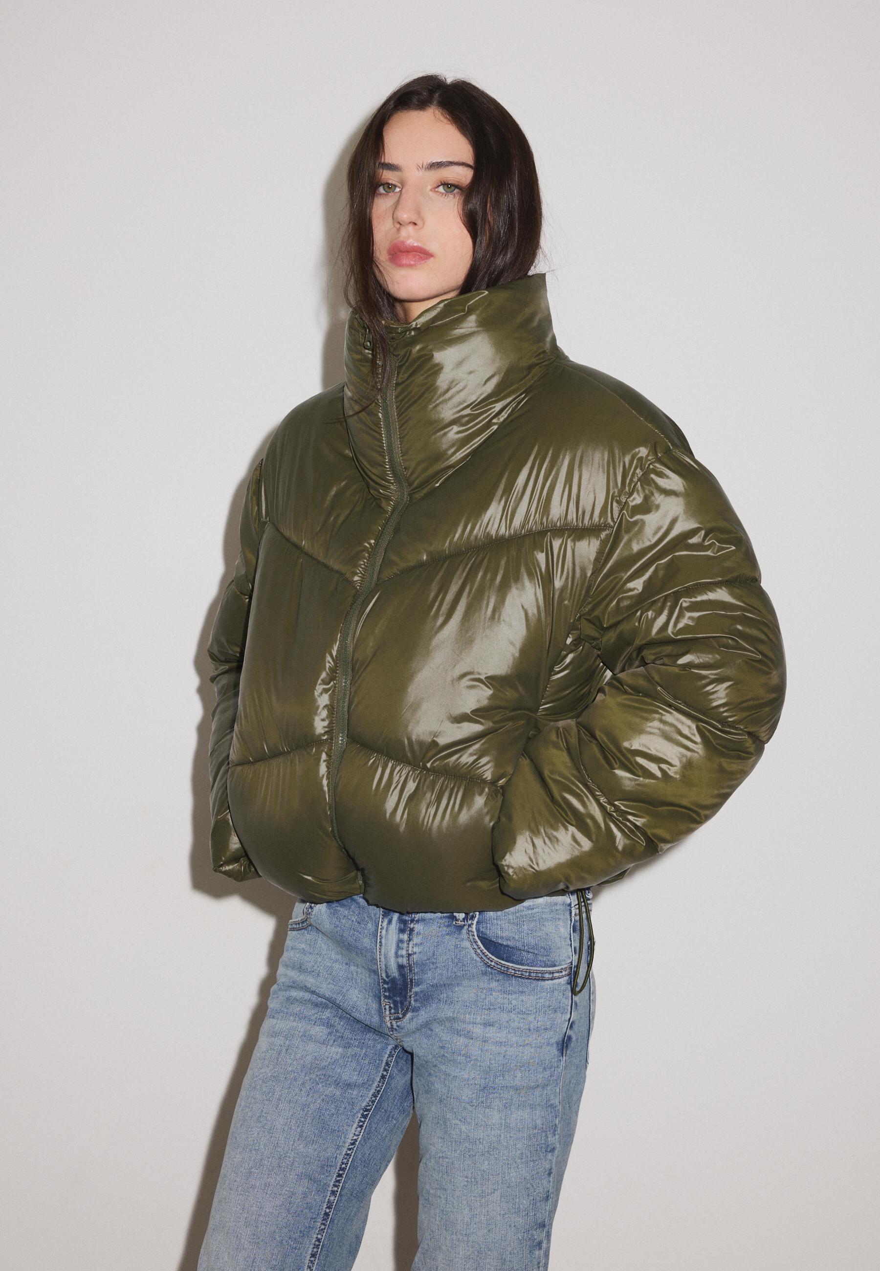 High-neck cropped puffer jacket — Khaki