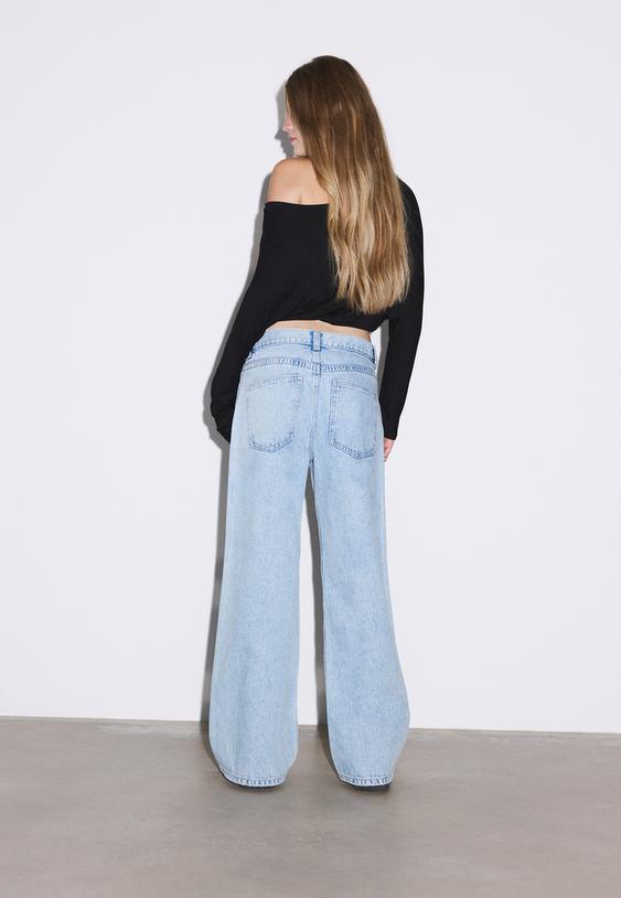Stradivarius Wide-Leg Crossover Waist Jeans Medium Light Blue Denim 14