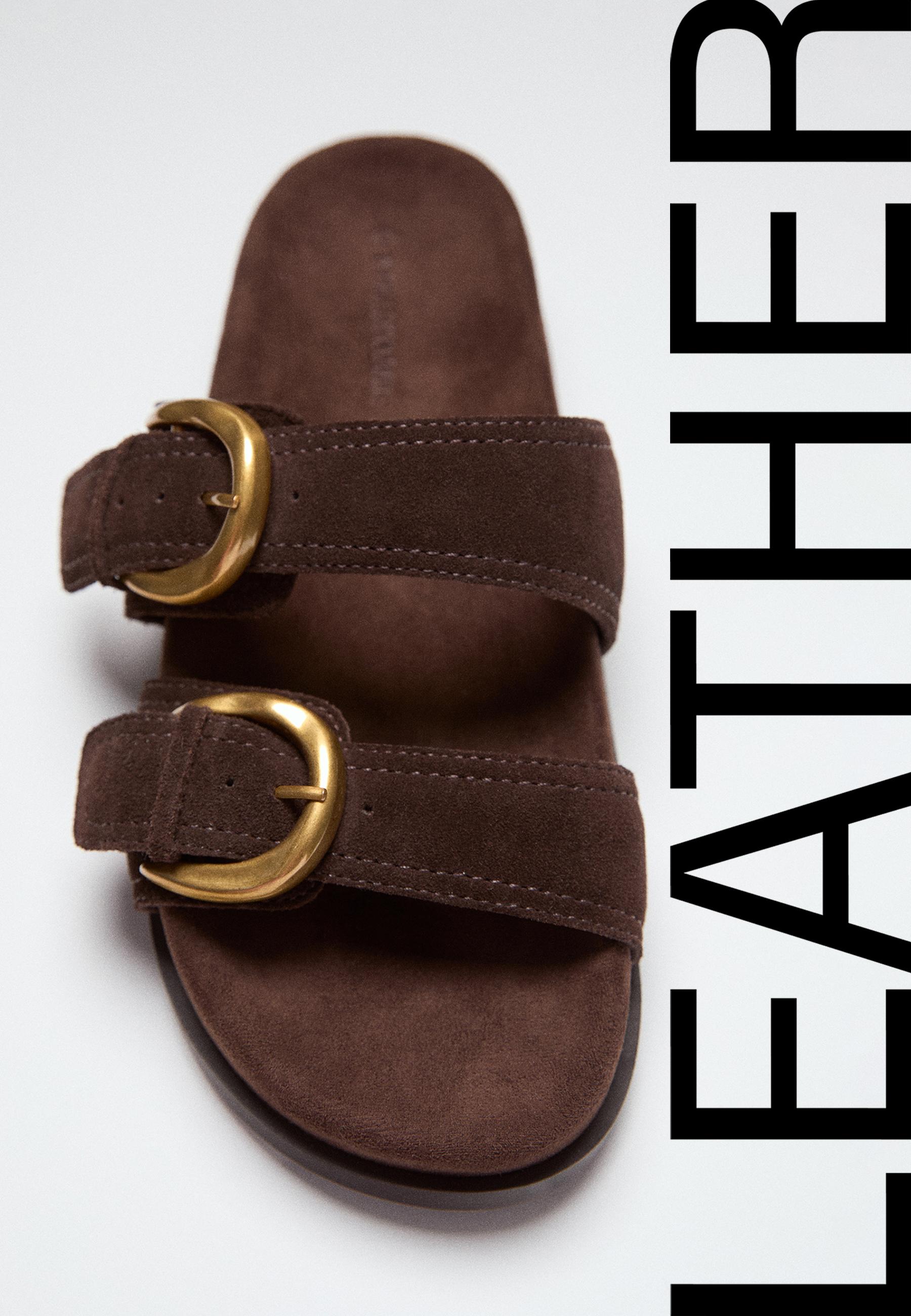 Flat leather buckle sandals — BROWN