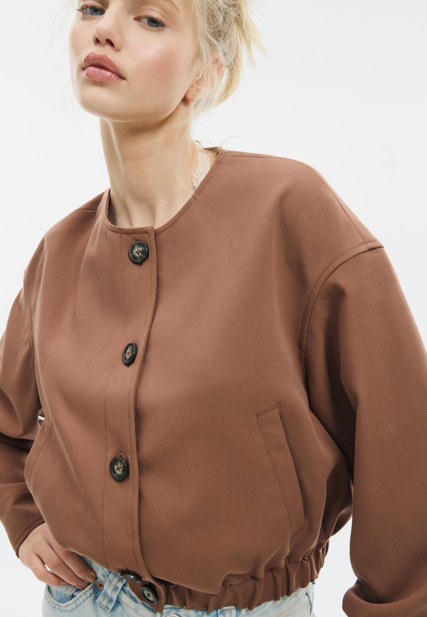 Puff sleeve round neck jacket — Brown