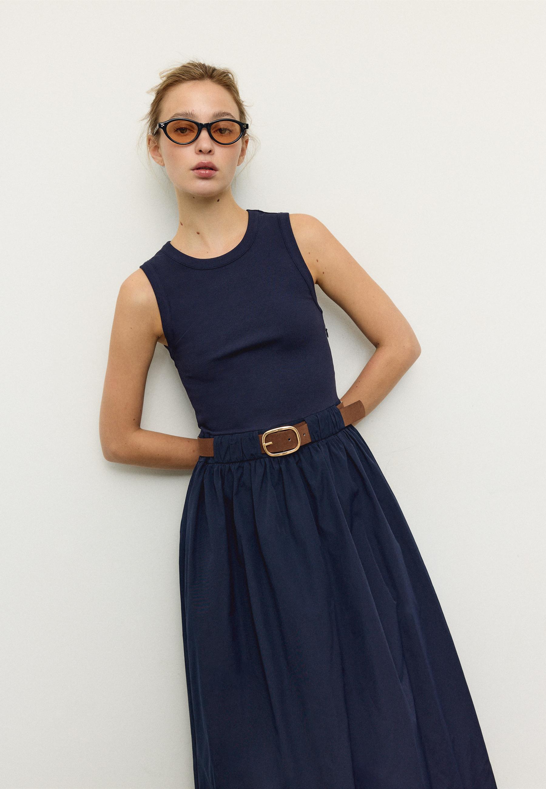 Kolsuz iki malzemeli kemerli midi elbise - Görsel 3