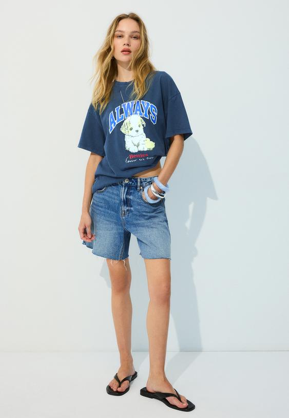 Stradivarius Short Sleeve T-Shirt With Graphic And Appliqué Navy Blue L