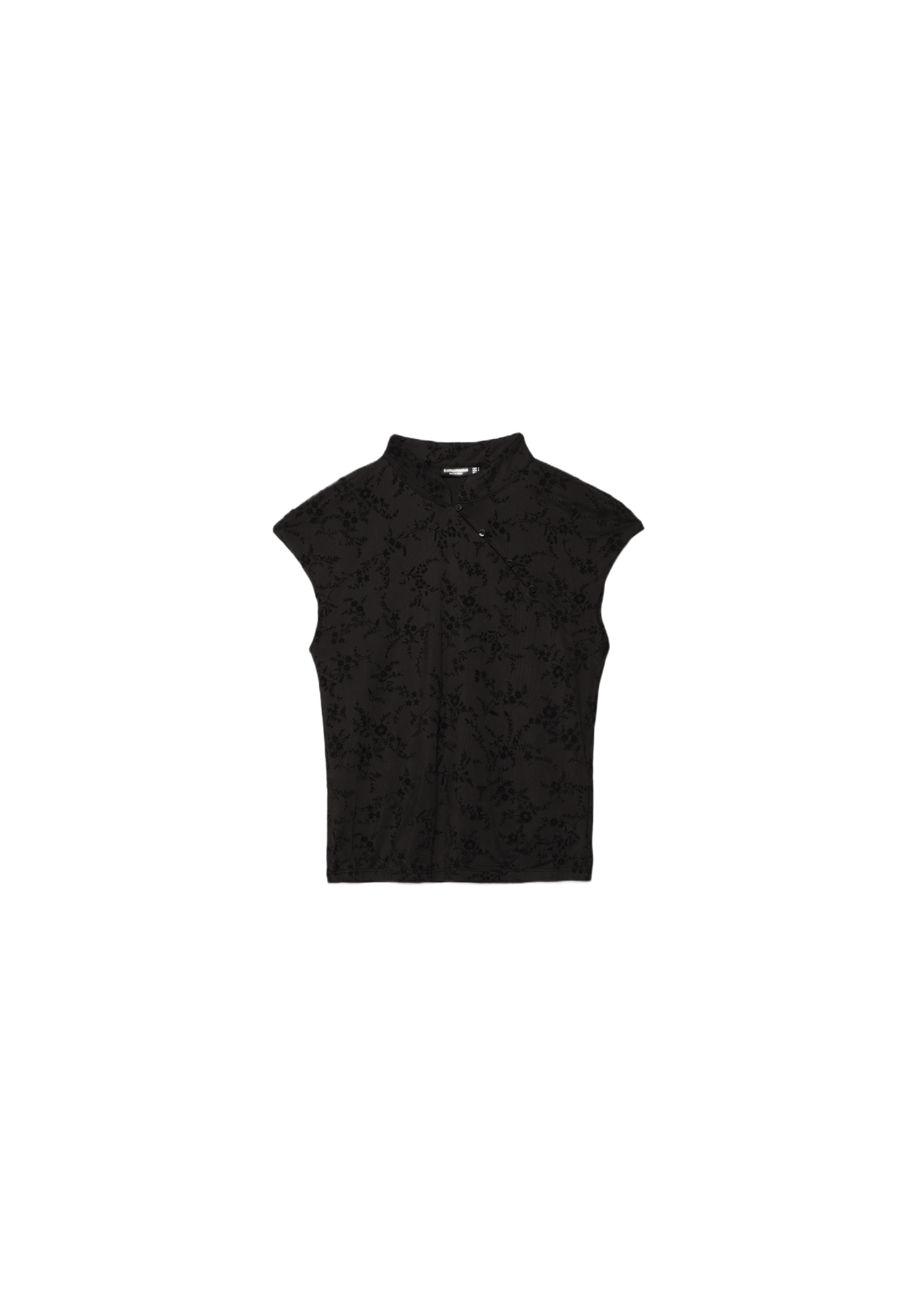 Flocked stand collar T-shirt — Black