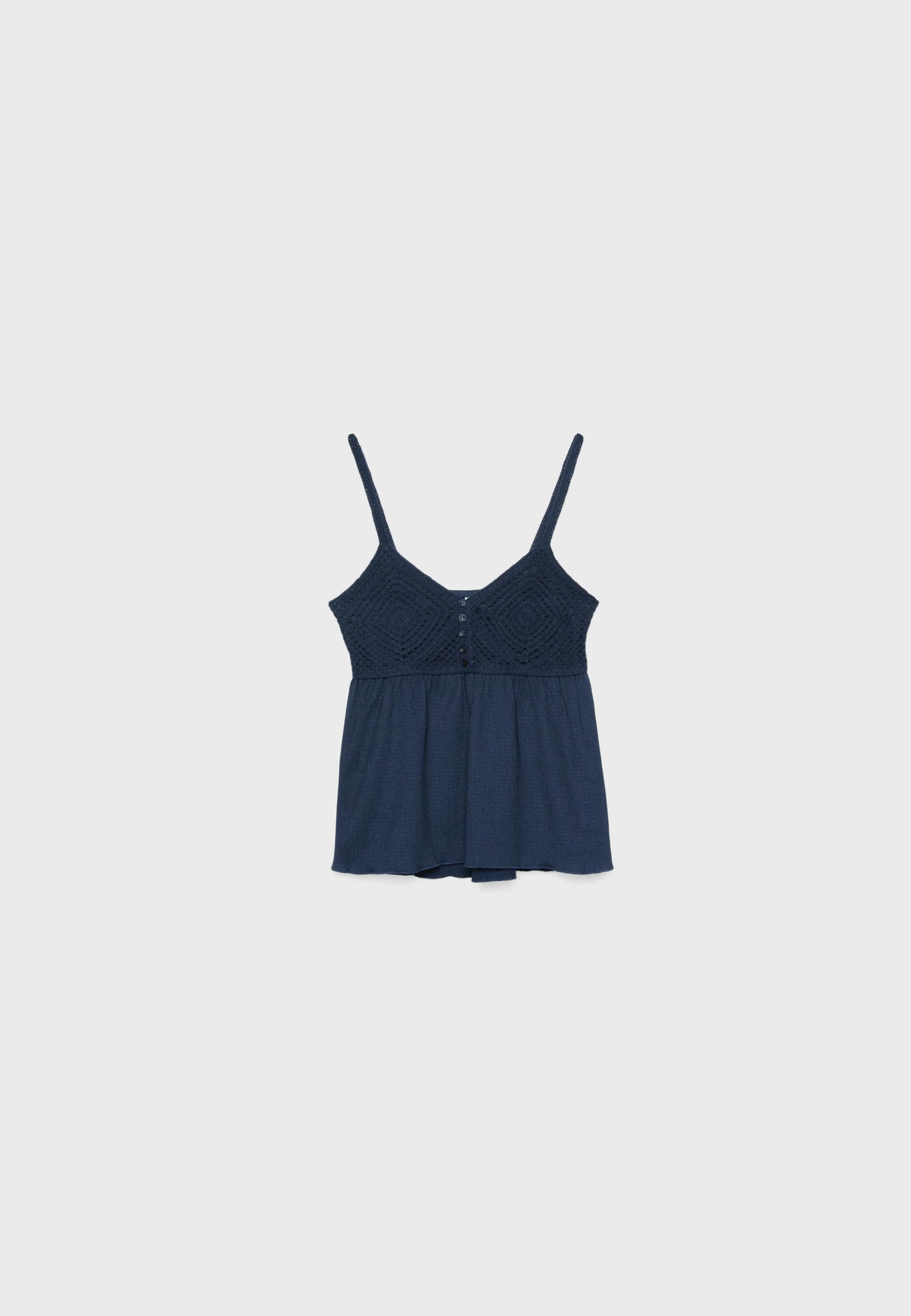 Ruffled crochet top — Navy blue