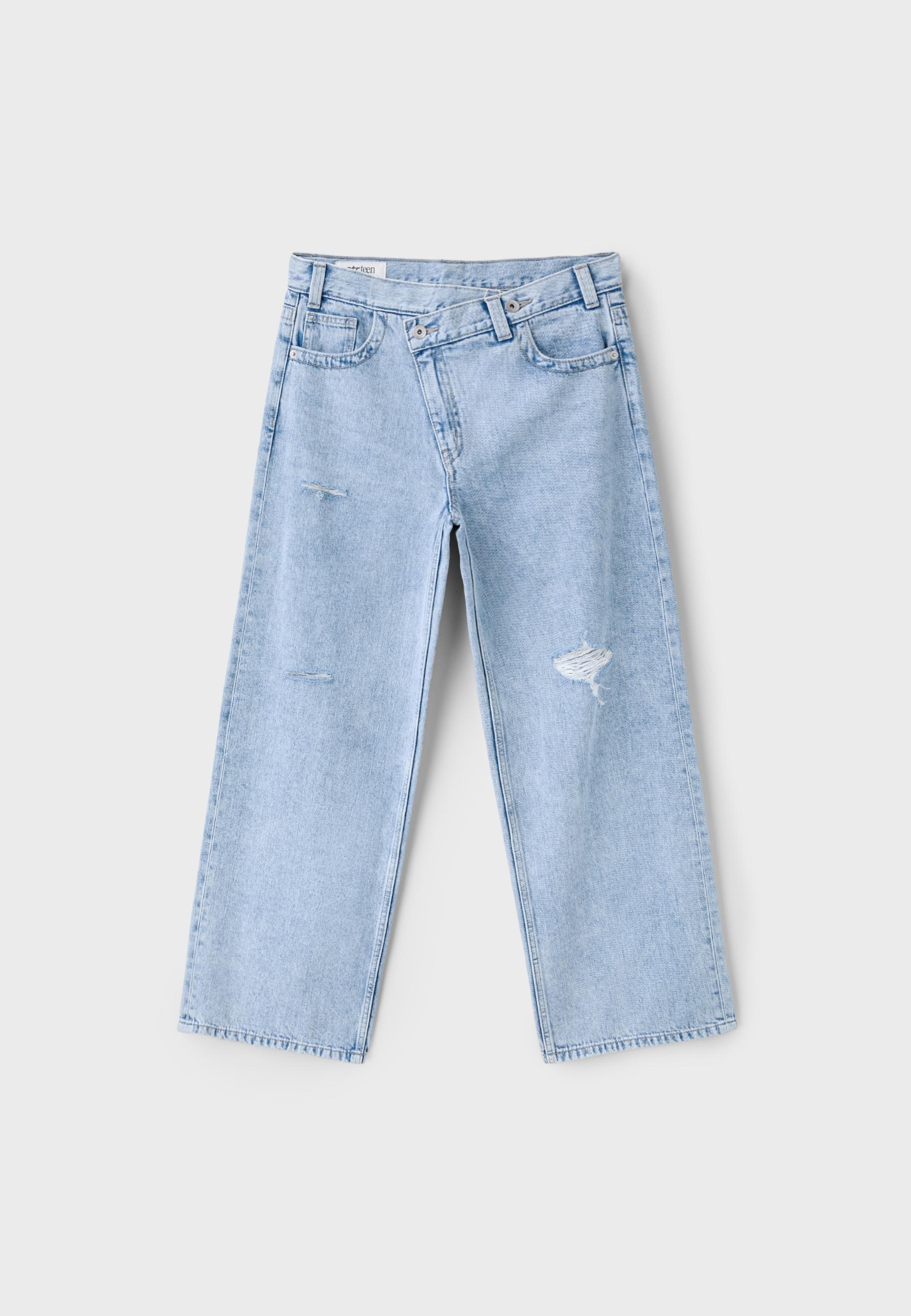 Cross-over waist wide-leg jeans — MEDIUM LIGHT BLUE DENIM