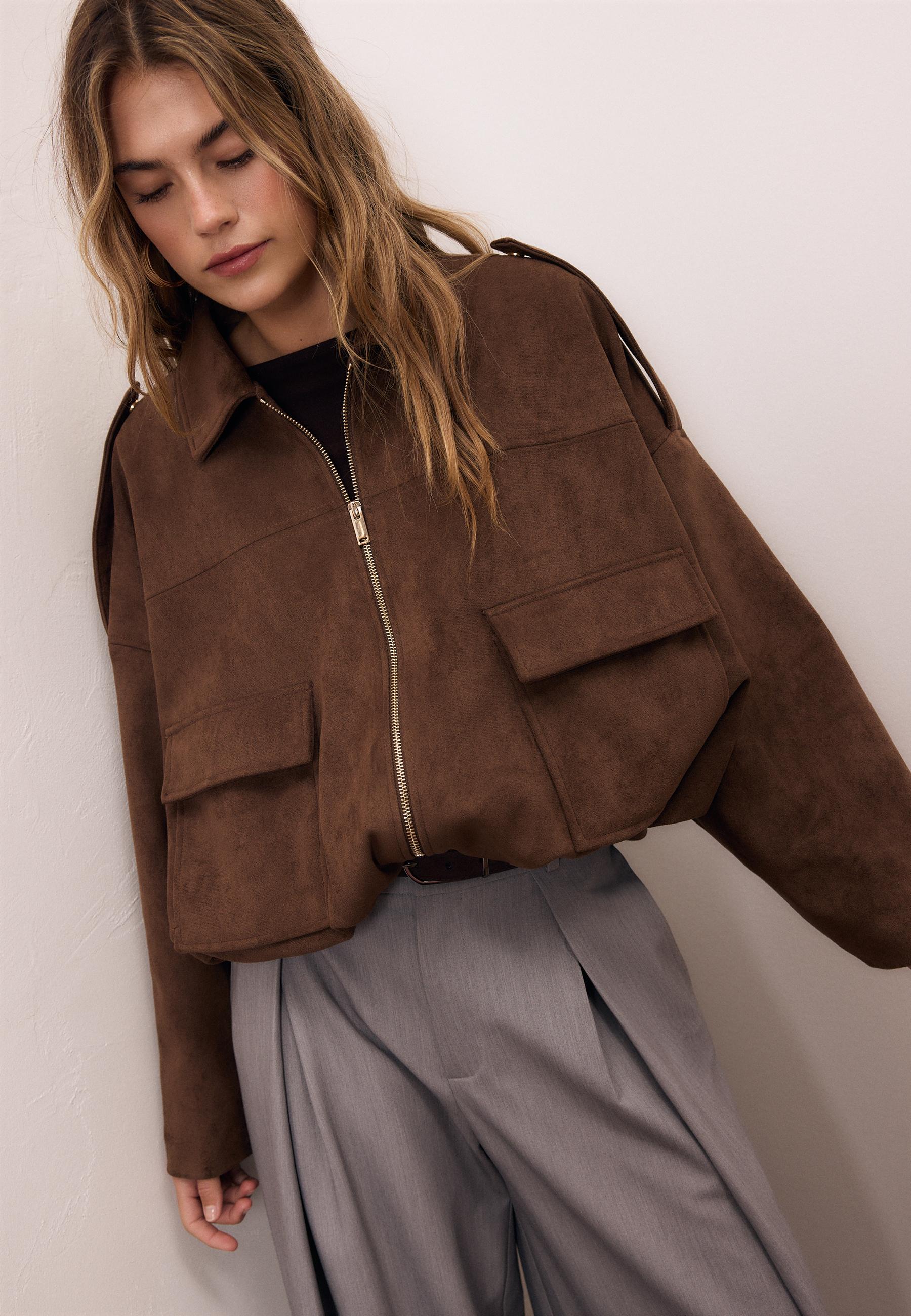 Faux suede bomber jacket — Brown
