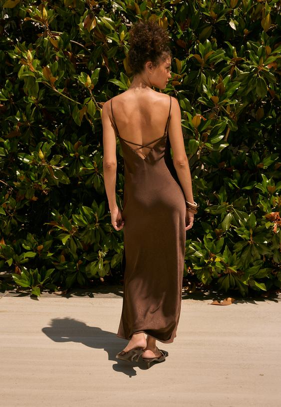 Stradivarius Satin Midi Dress Brown Xs