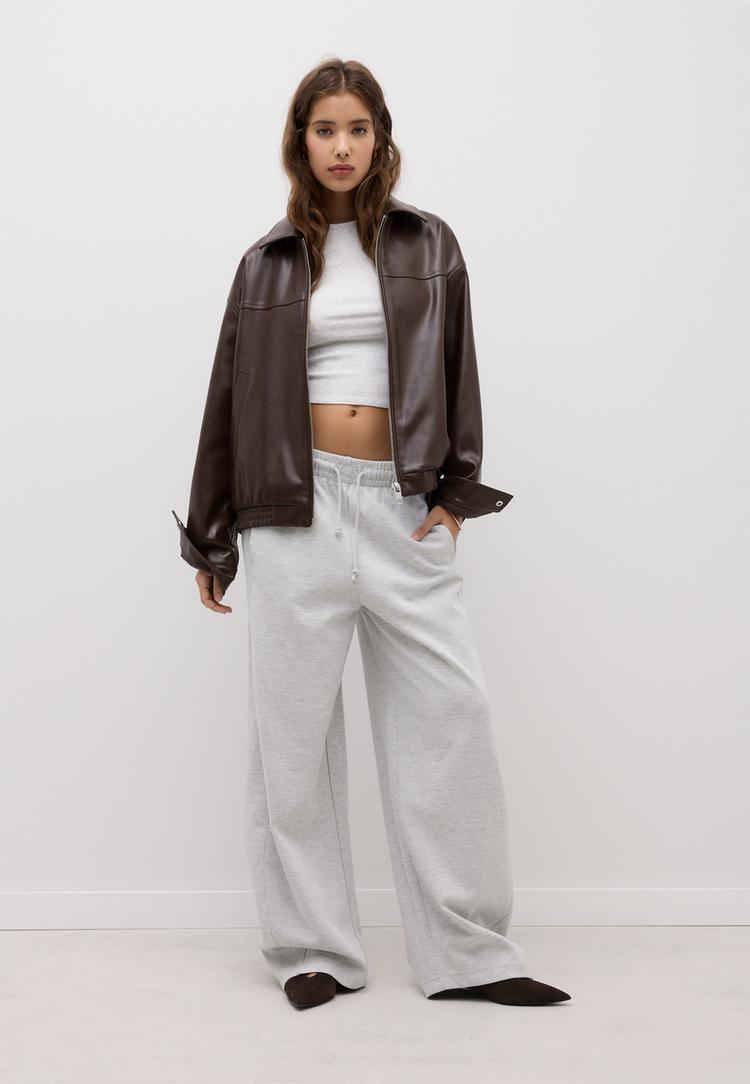 Stradivarius Oversize Τζάκετ Με Όψη Δέρματος Καφέ Xs