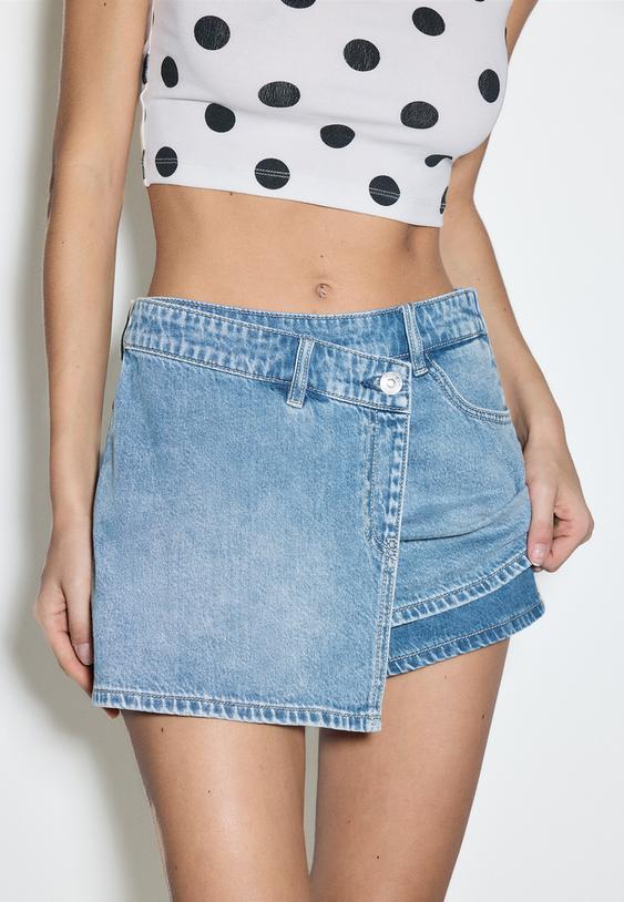 Stradivarius Jupe-Culotte En Jean Croisée Denim Bleu Moyen Délavé 36