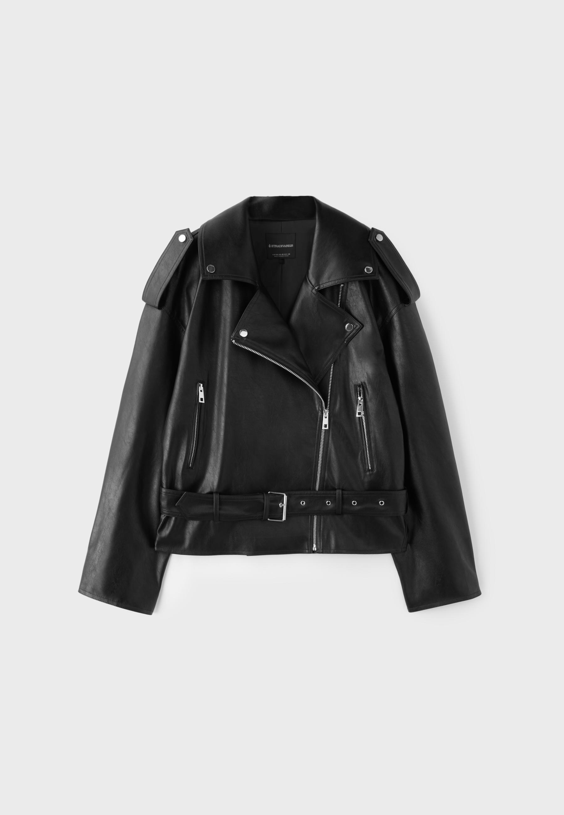 Leather effect biker jacket with belt — Black
