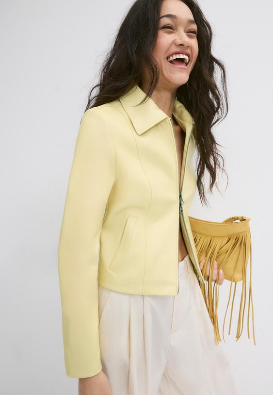 Stradivarius Fitted Leather Effect Jacket Pastel Yellow M