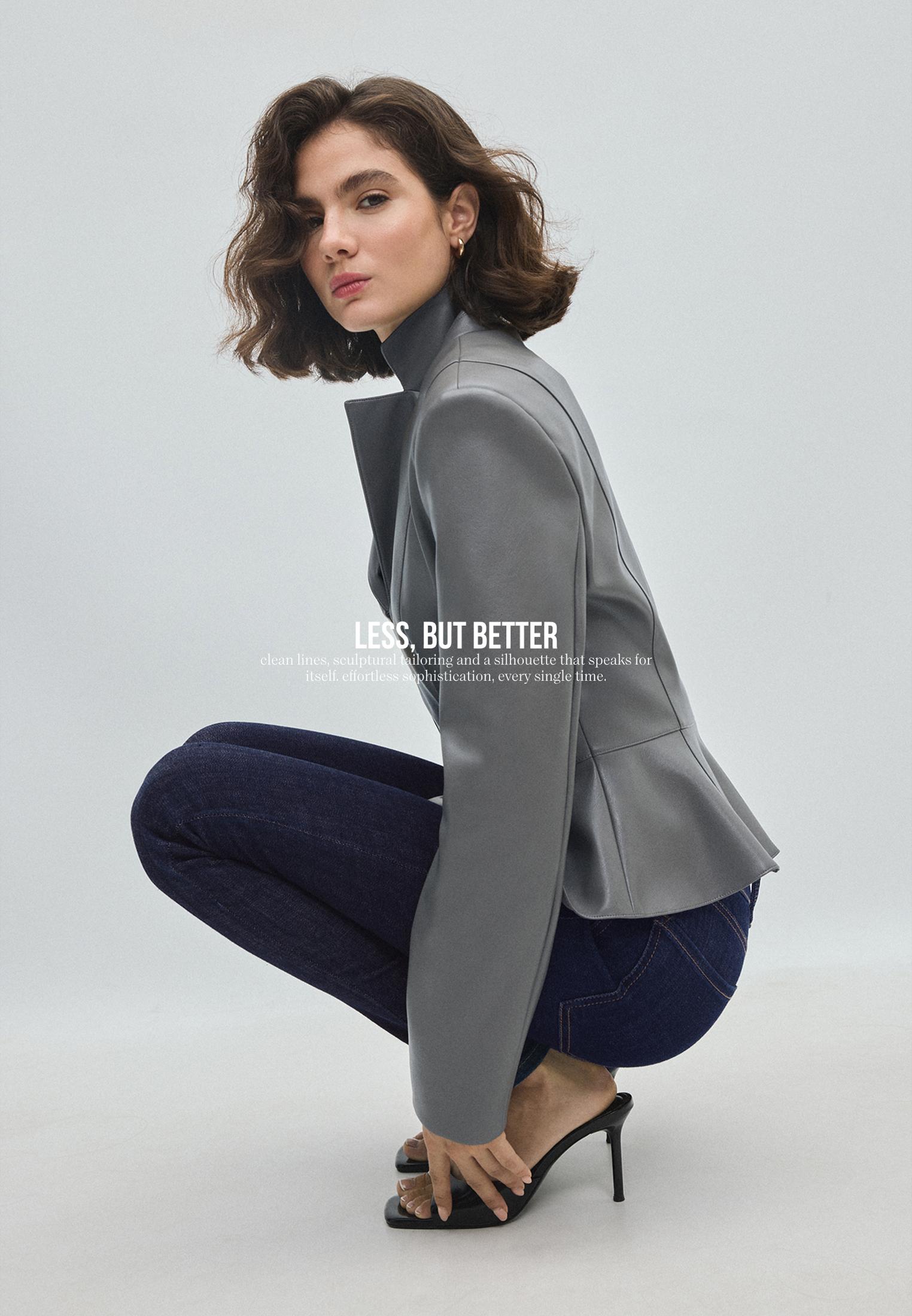Fitted leather effect peplum blazer — Dark grey