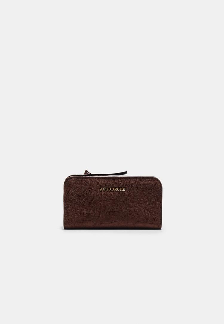 Long wallet with embossed pull tab — Brown