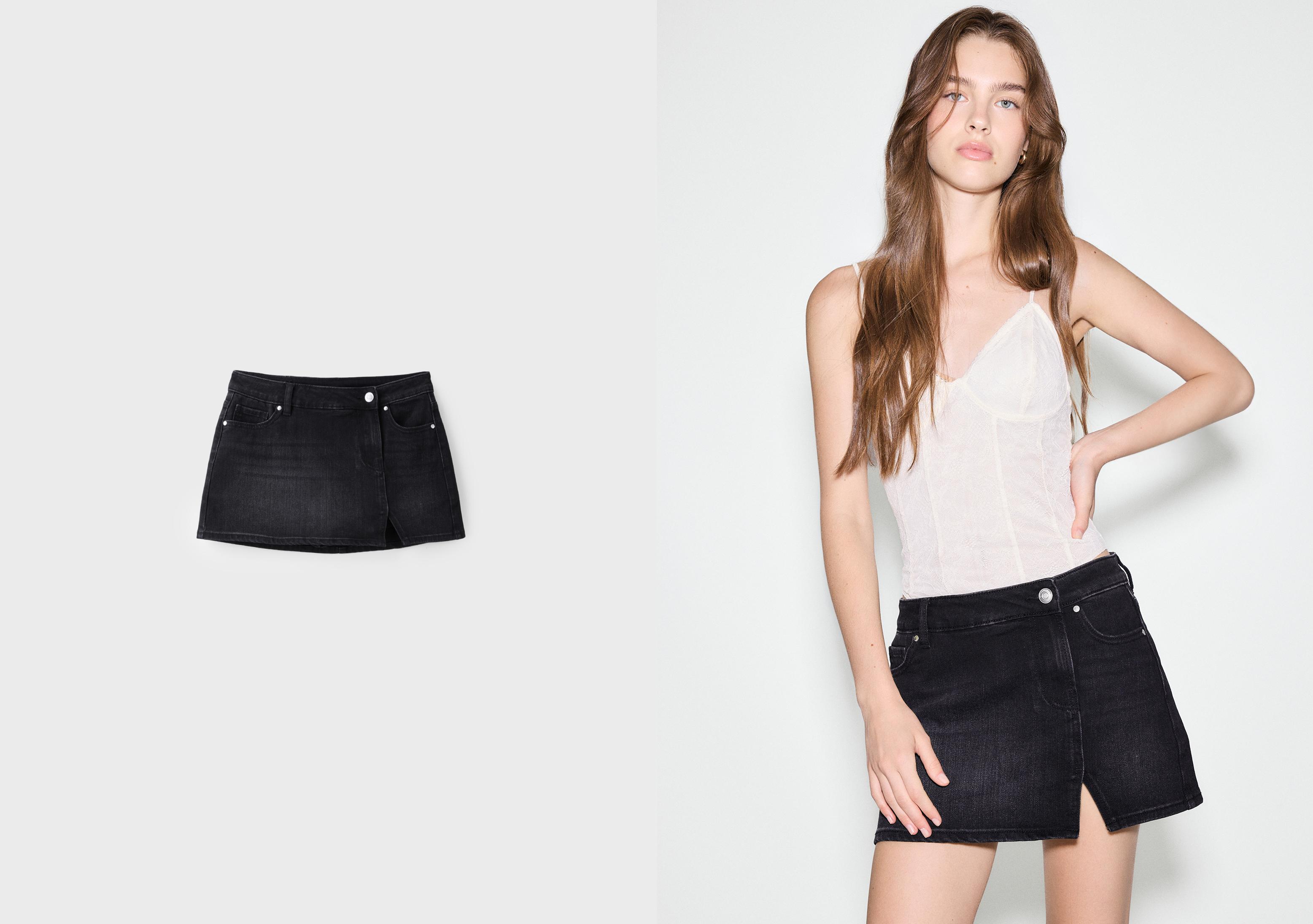 Mini crossover skort — BLACK DENIM WASH
