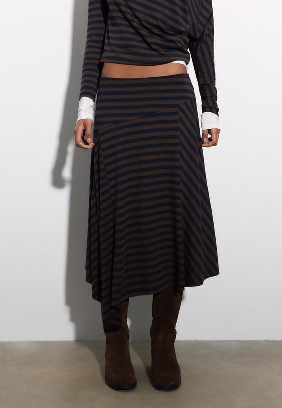 Stradivarius Asymmetric Striped Long Skirt Navy Blue S