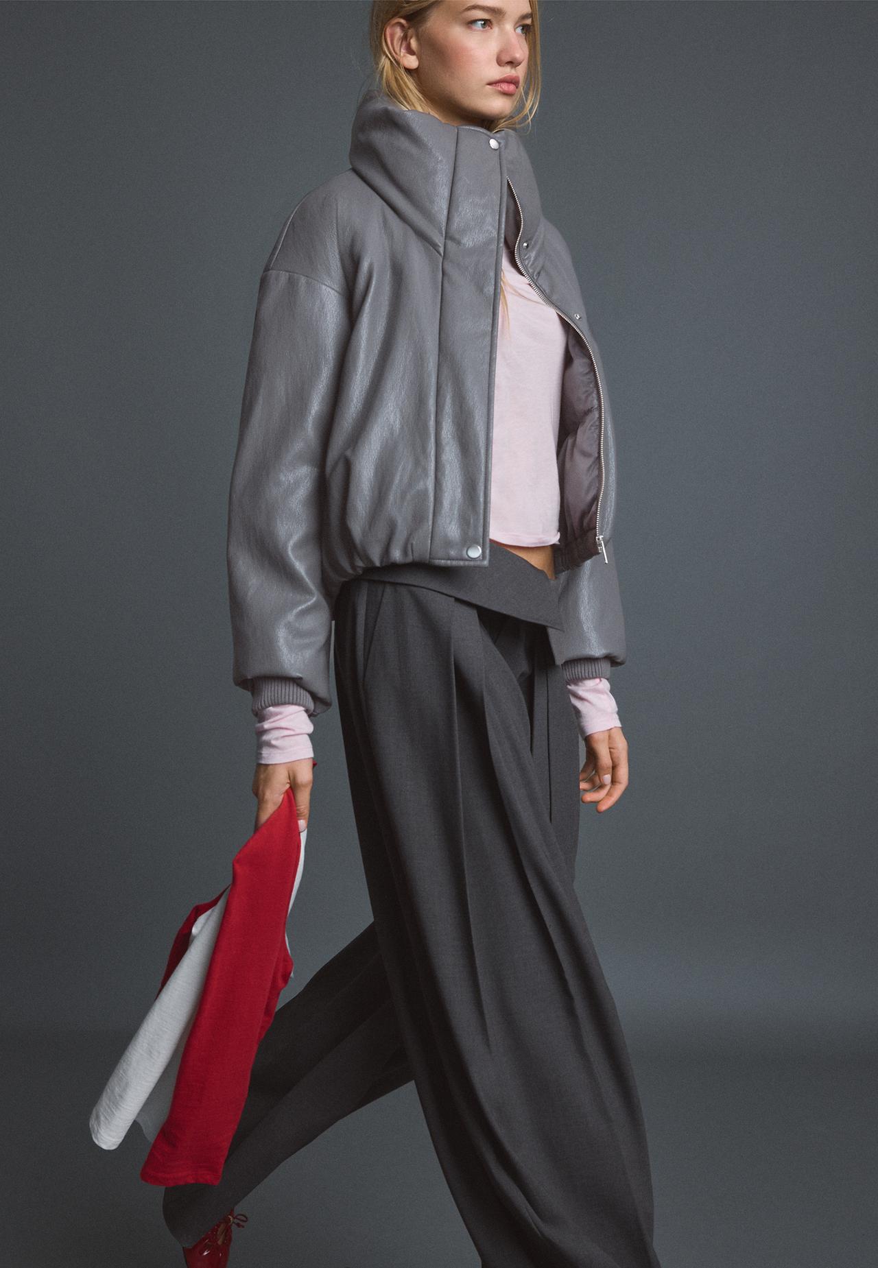 High neck leather effect puffer jacket — Dark grey