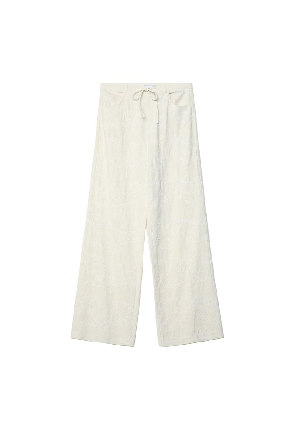 Linen blend embroidered straight-leg trousers