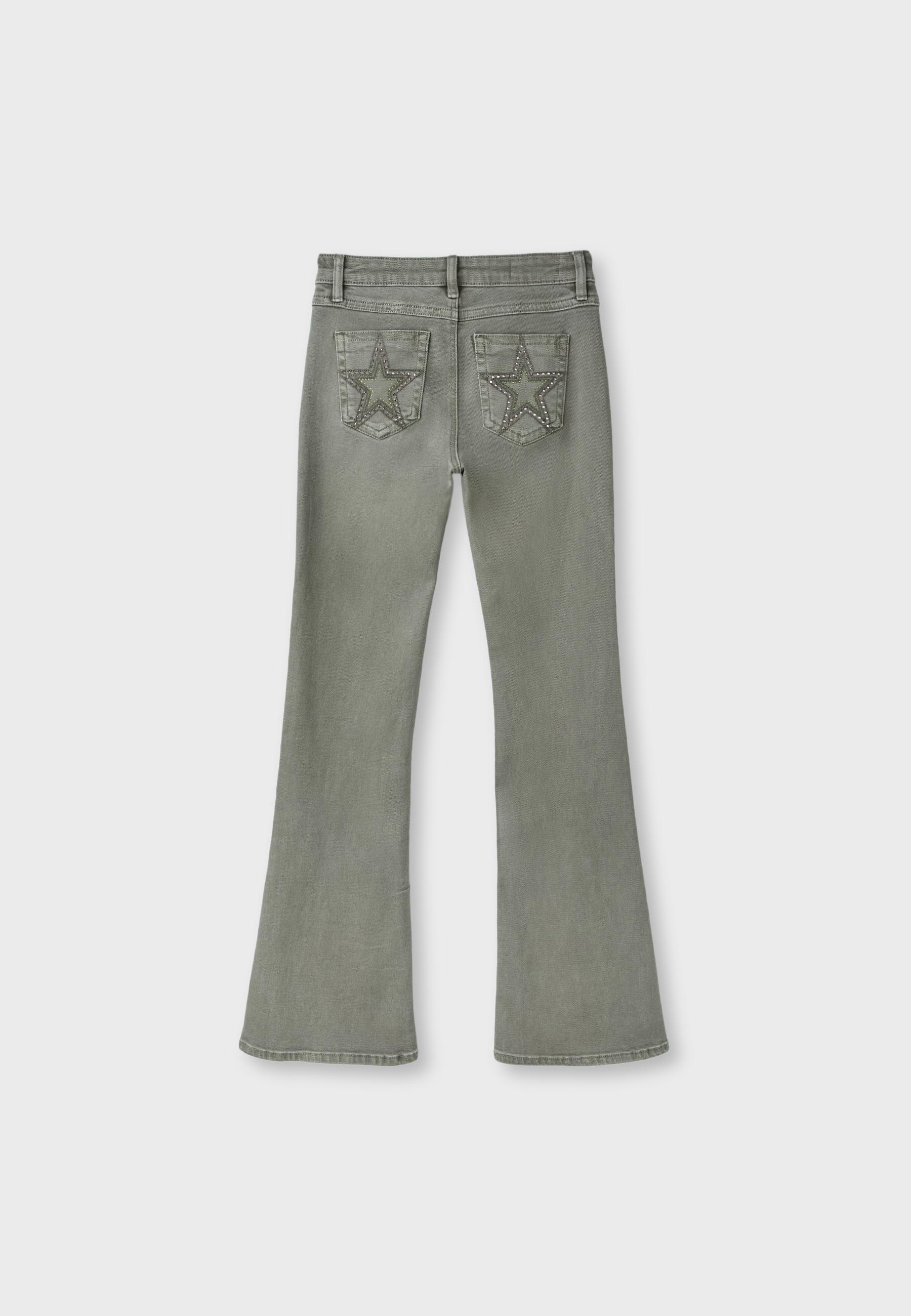 Embroidered pocket bell bottom jeans — Khaki