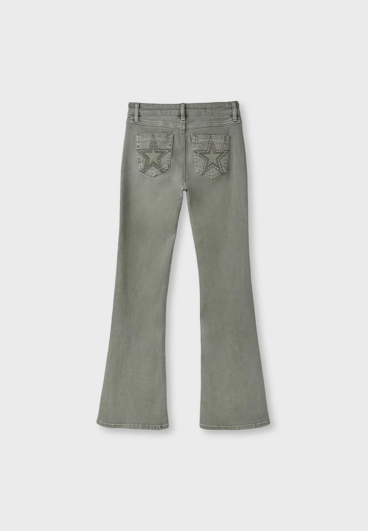 Embroidered pocket bell bottom jeans — Khaki