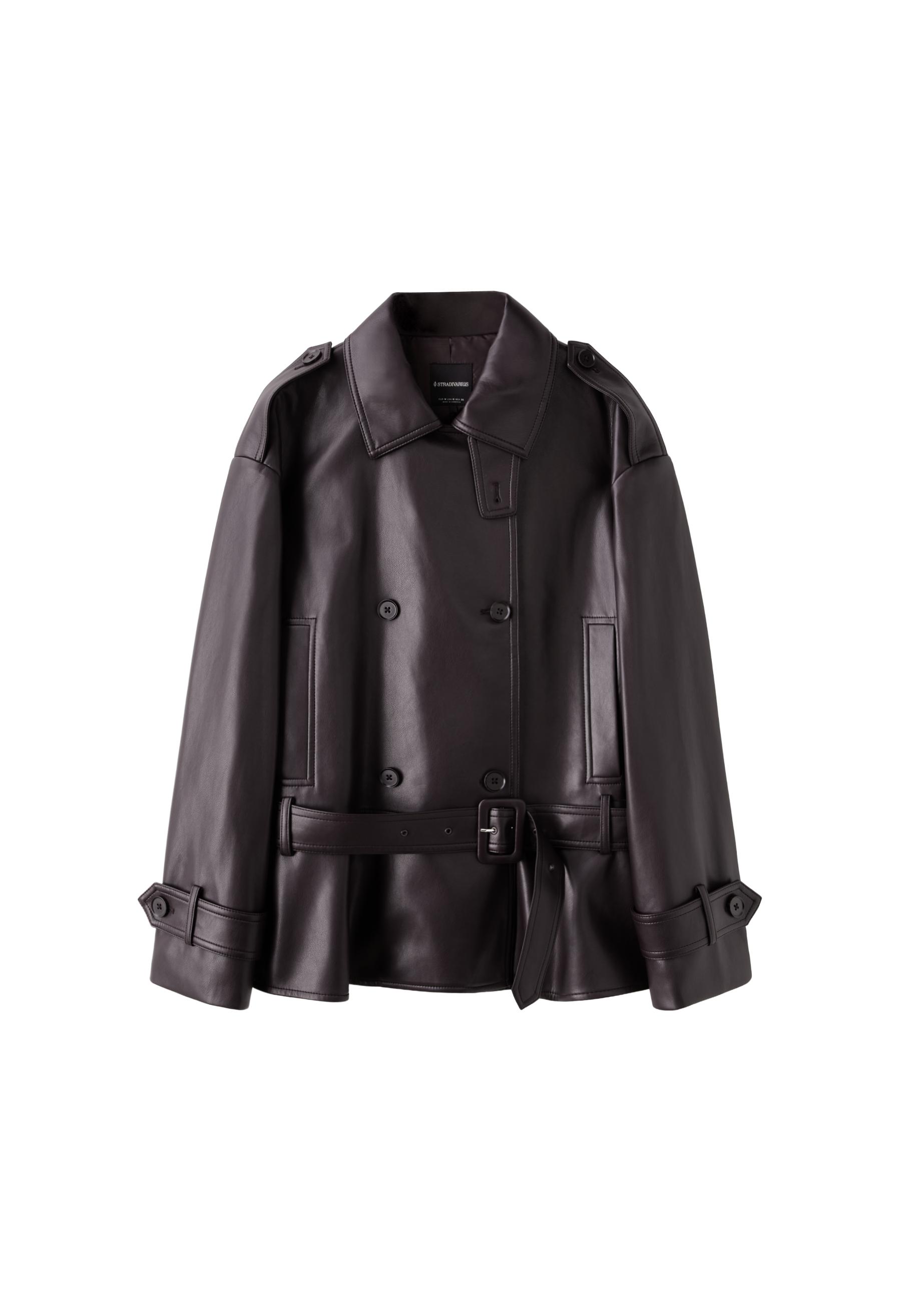 Leather effect peplum trench coat — Purple