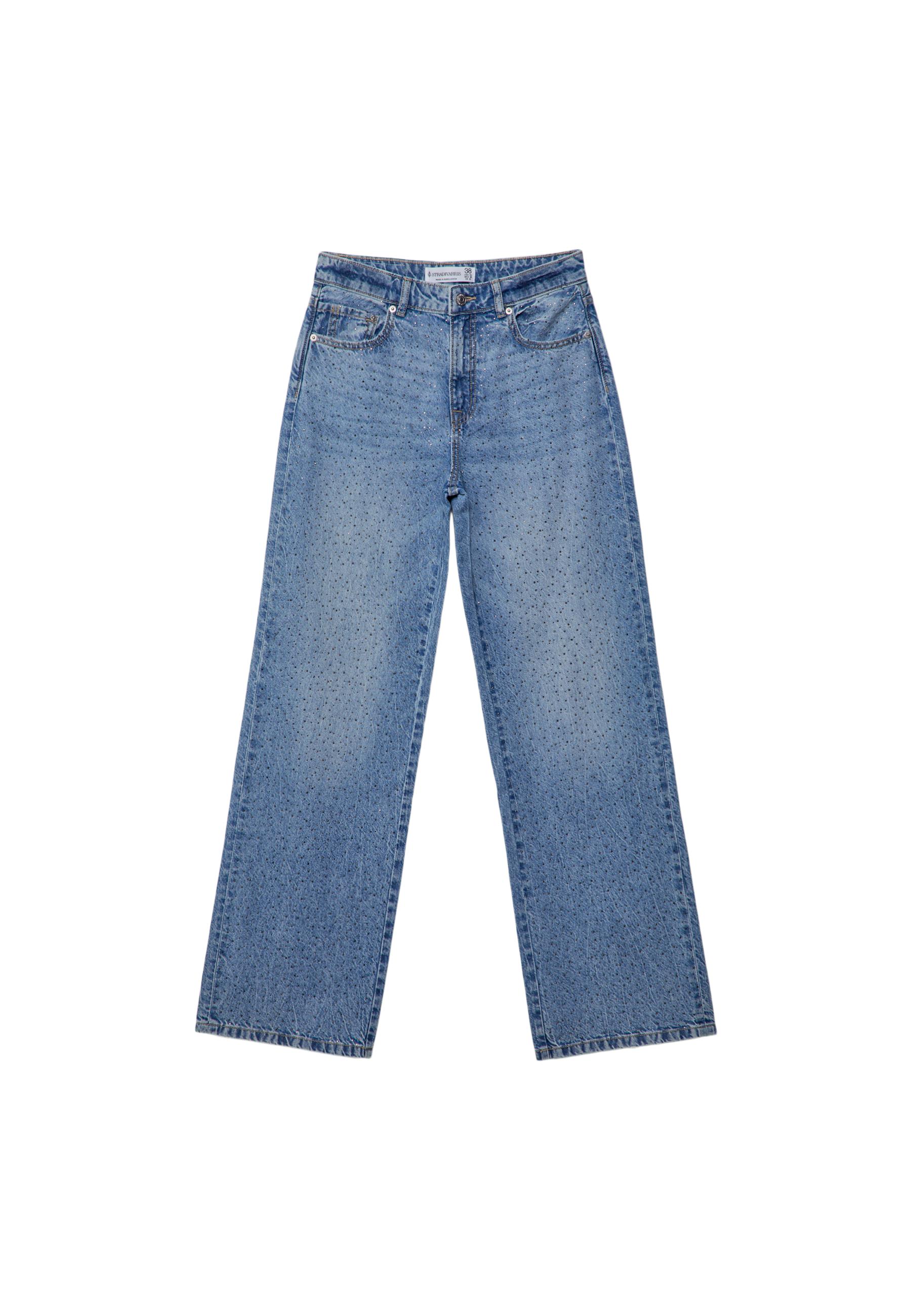 Straight-leg jeans with rhinestones — MEDIUM BLUE DENIM