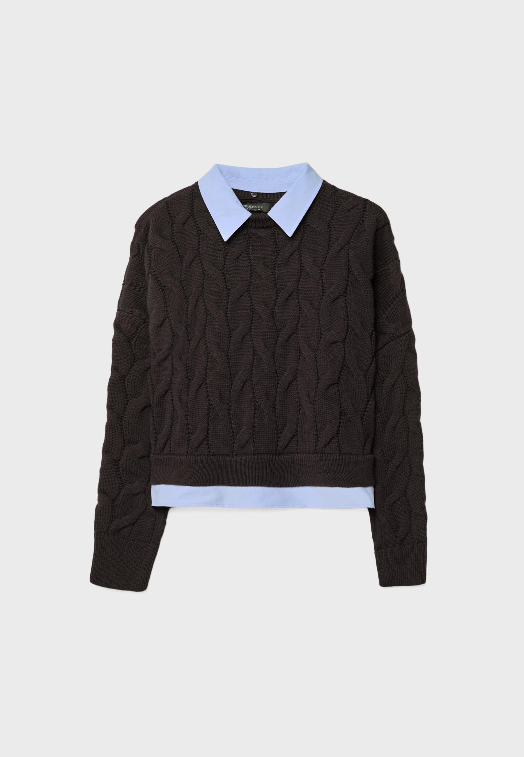 Two-fabric knit sweater with detachable collar — Brown