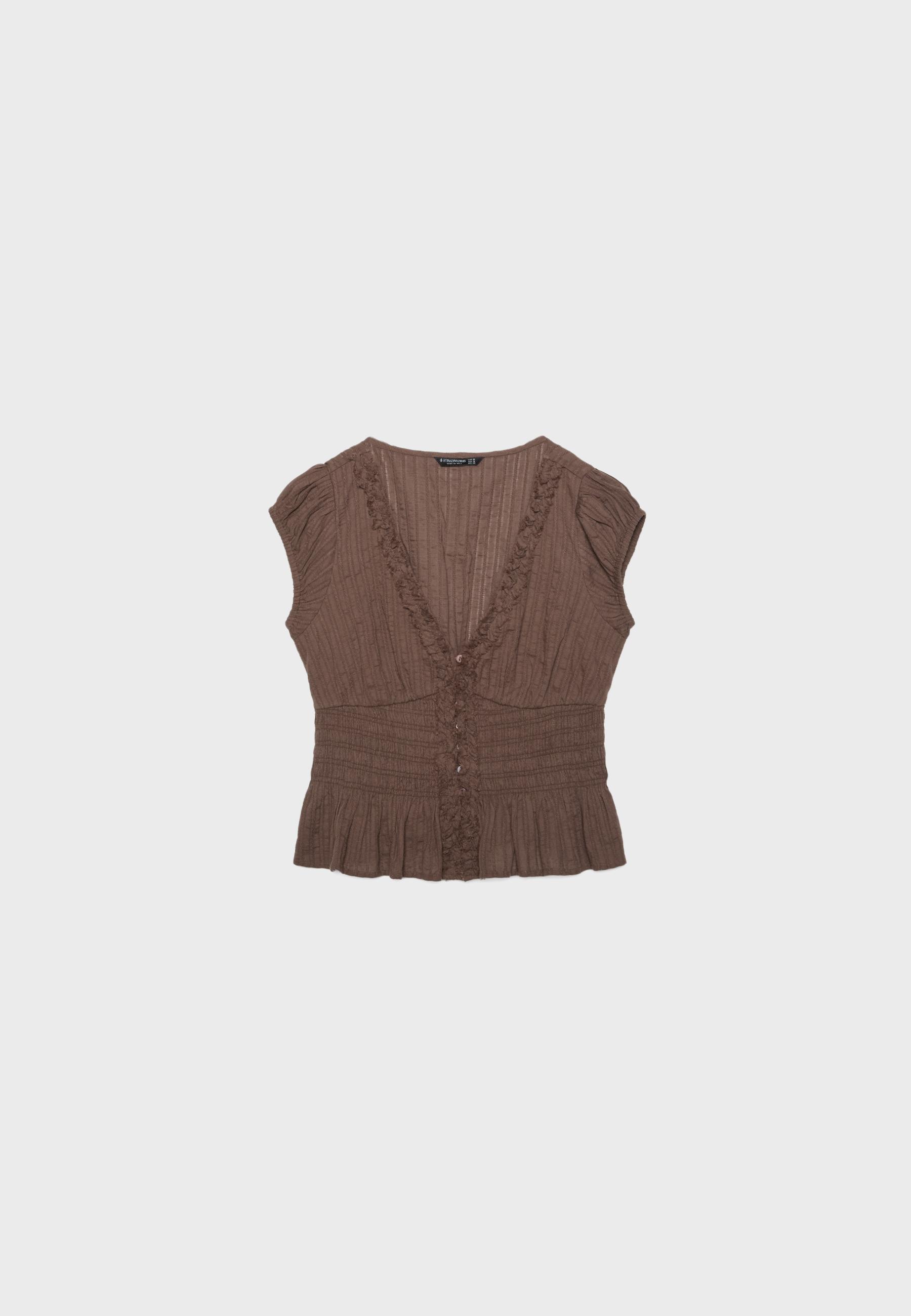 Short sleeve shirred shirt — Brown