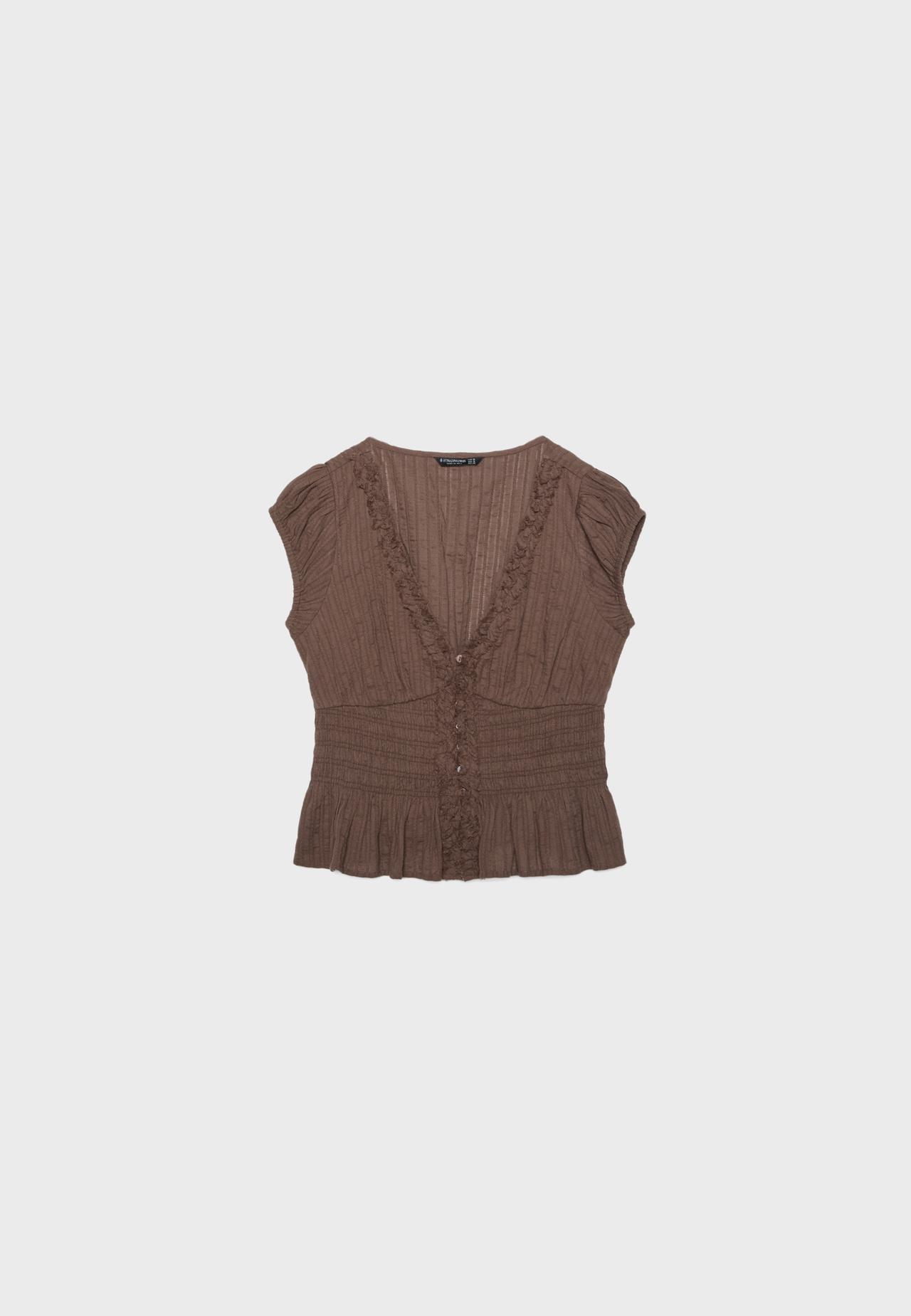 Short sleeve shirred shirt — Brown