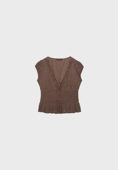 Short sleeve shirred shirt — Brown 6