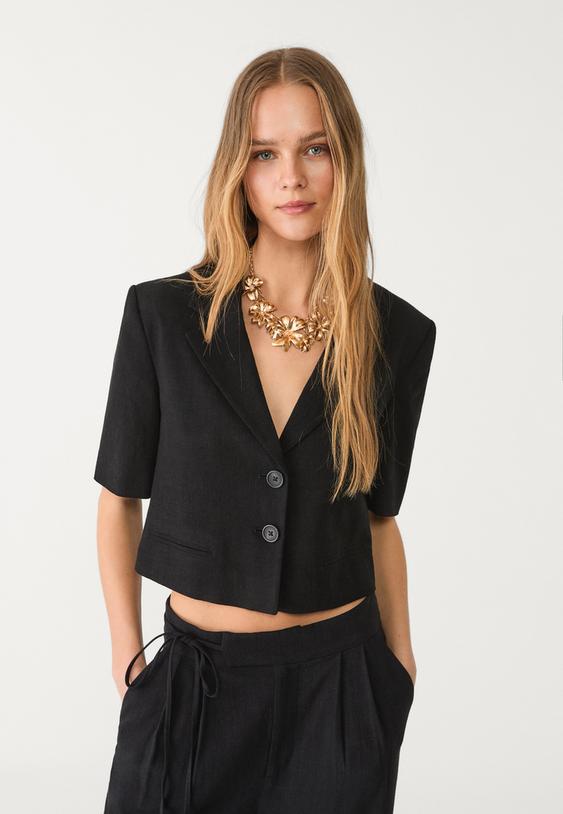 Ketenli kısa kollu crop ceket_4