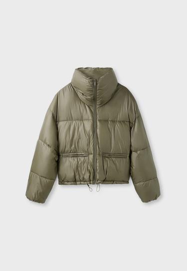 Shiny high neck cropped puffer jacket — Khaki 7