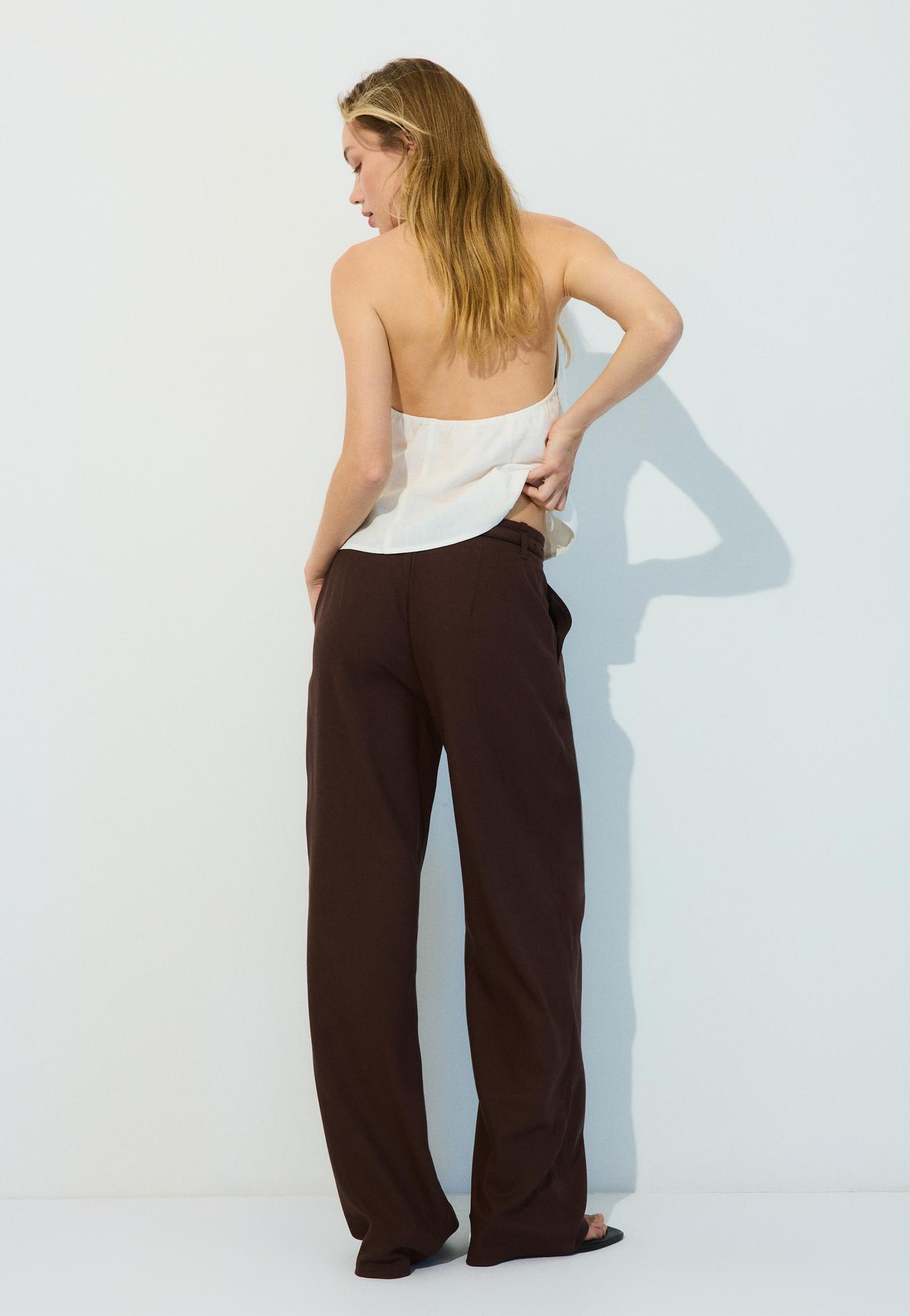 Straight-leg linen-effect trousers with belt — Brown
