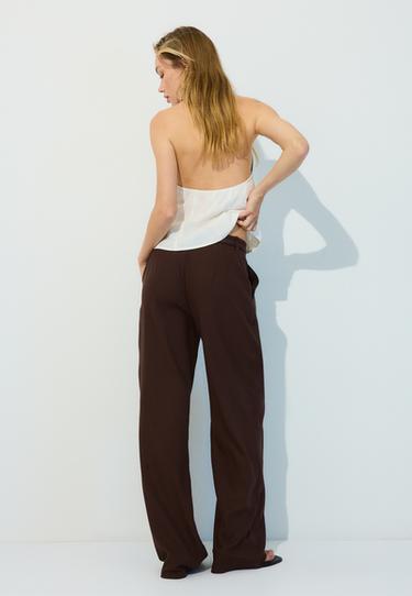 Straight-leg linen-effect trousers with belt — Brown 5