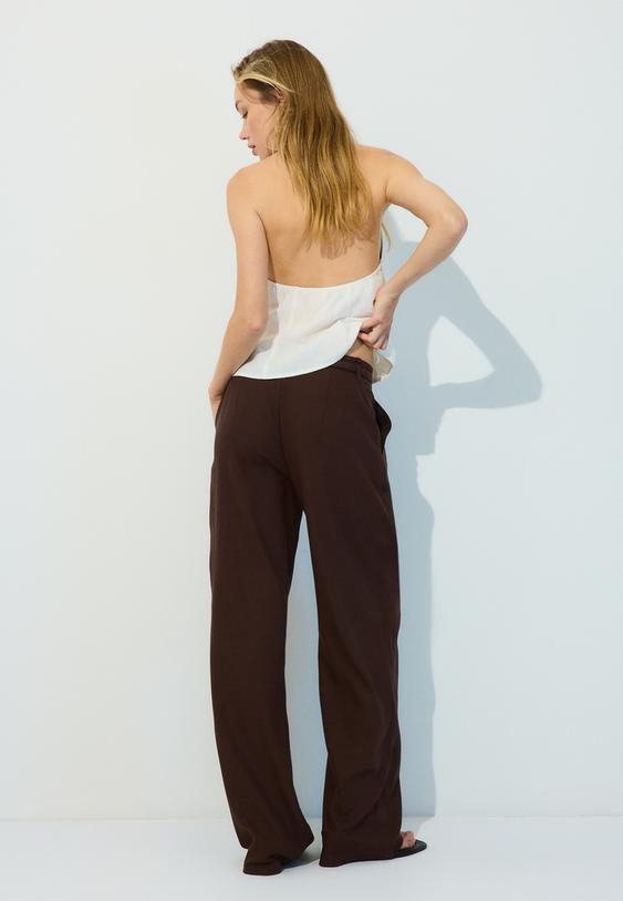 Stradivarius Linen-Effect Straight-Leg Trousers With Belt Brown 14