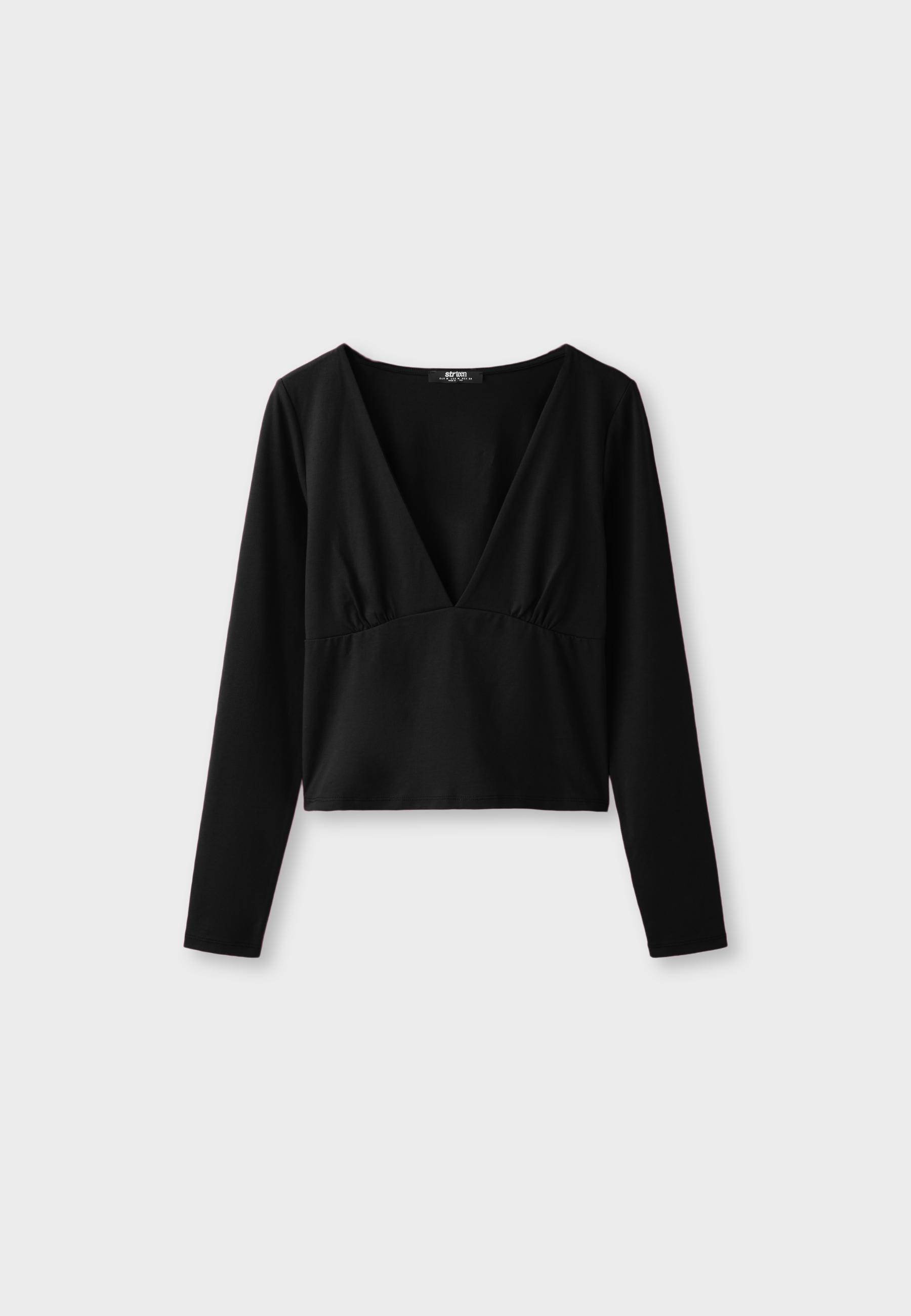 Under-bust cut long sleeve T-shirt — Black